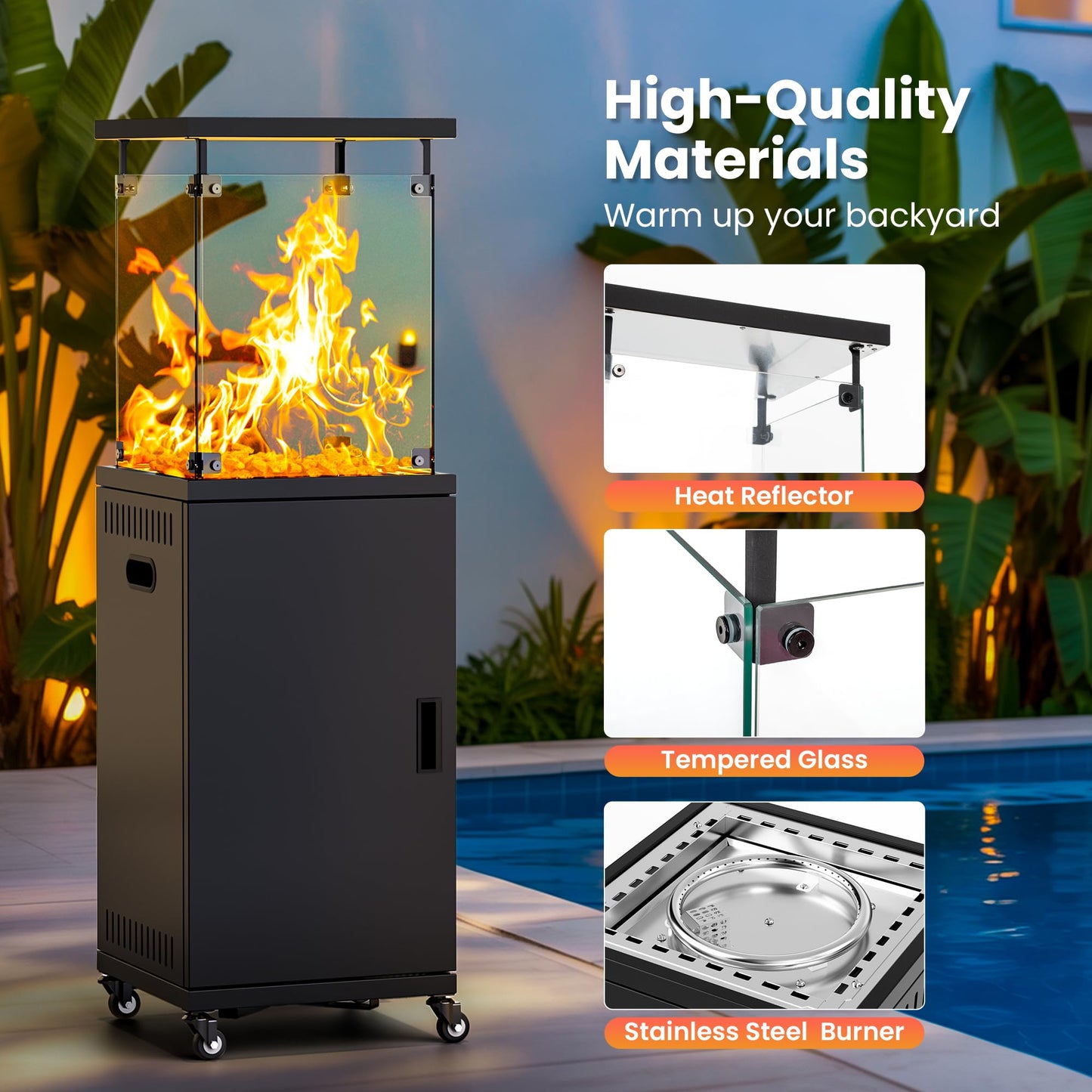 PATIOPIA 41,000 BTU Patio Heater,Propane Outdoor Heater With Cover,CSA Certificated, Lockable Wheels,Tempered Glass, Patio,Backyard,Balcony,Poolside, Inky