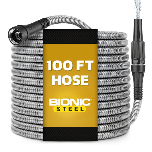 BIONIC STEEL 100 Ft Metal Garden Hose with Sprayer Nozzle, Non Kinking Designed Stainless Steel Heavy Duty Water Hose 100 Ft x 5/8 in. Flexible NON Expandable for Uninterrupted Water Flow, 500 PSI