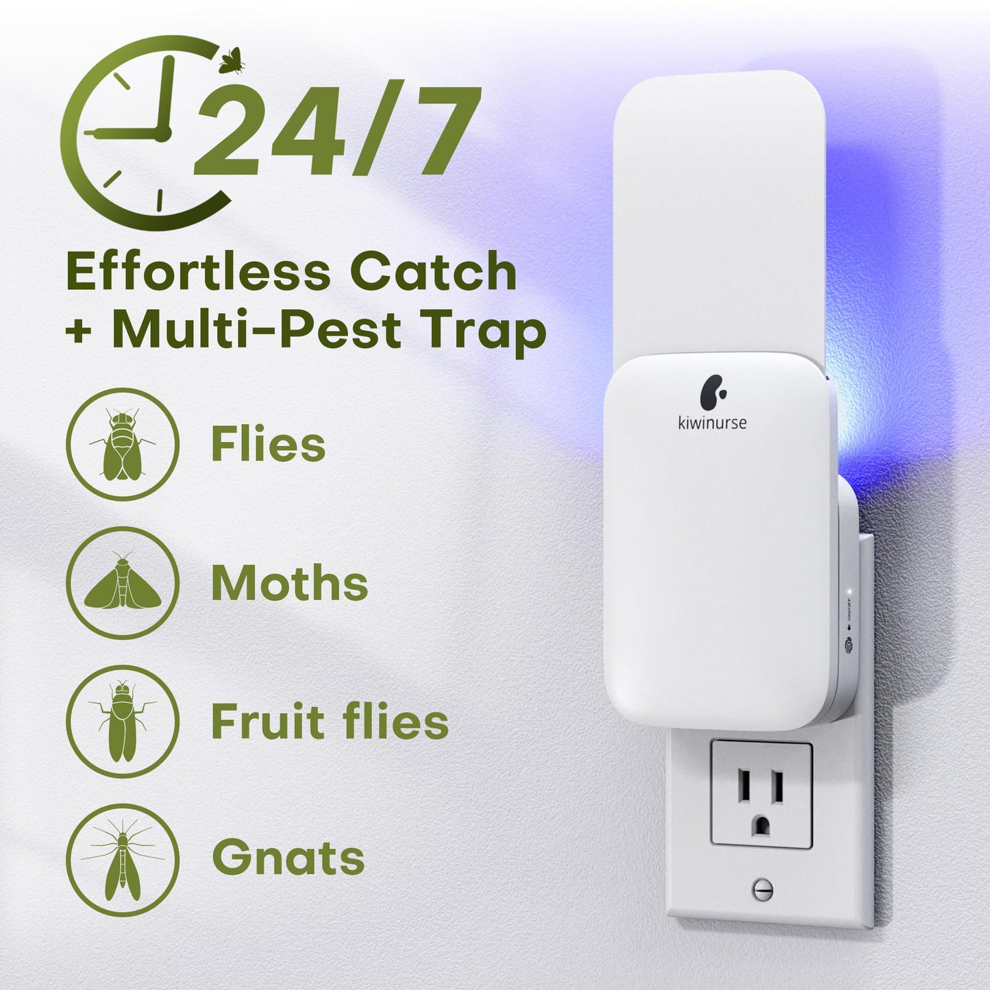 Kiwinurse Flying Insect Trap Indoor - Plug-in Fly Catcher and Killers Includes Refills for House Flies, Fruit Flies, Gnats,Cover up to 800 ft², Off-White, 1 Trap + 4 Refills