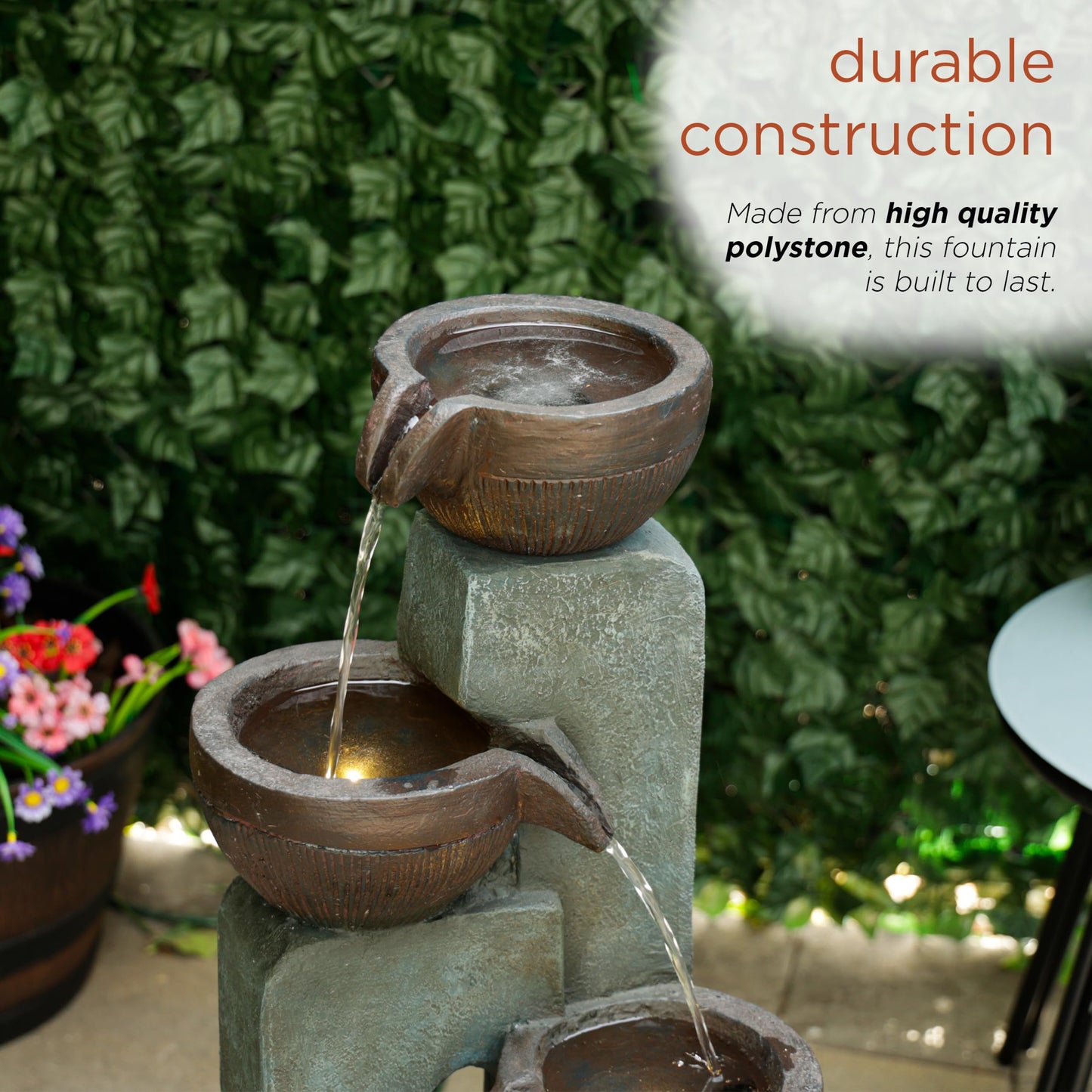 Alpine Corporation TZL396 31" 4 Tier Bowls Cascading Fountain with LED Lights, Elegant Outdoor Water Feature for Garden, Patio, Yard & Outdoor Spaces, Relaxing Waterfall Fountain, Gray
