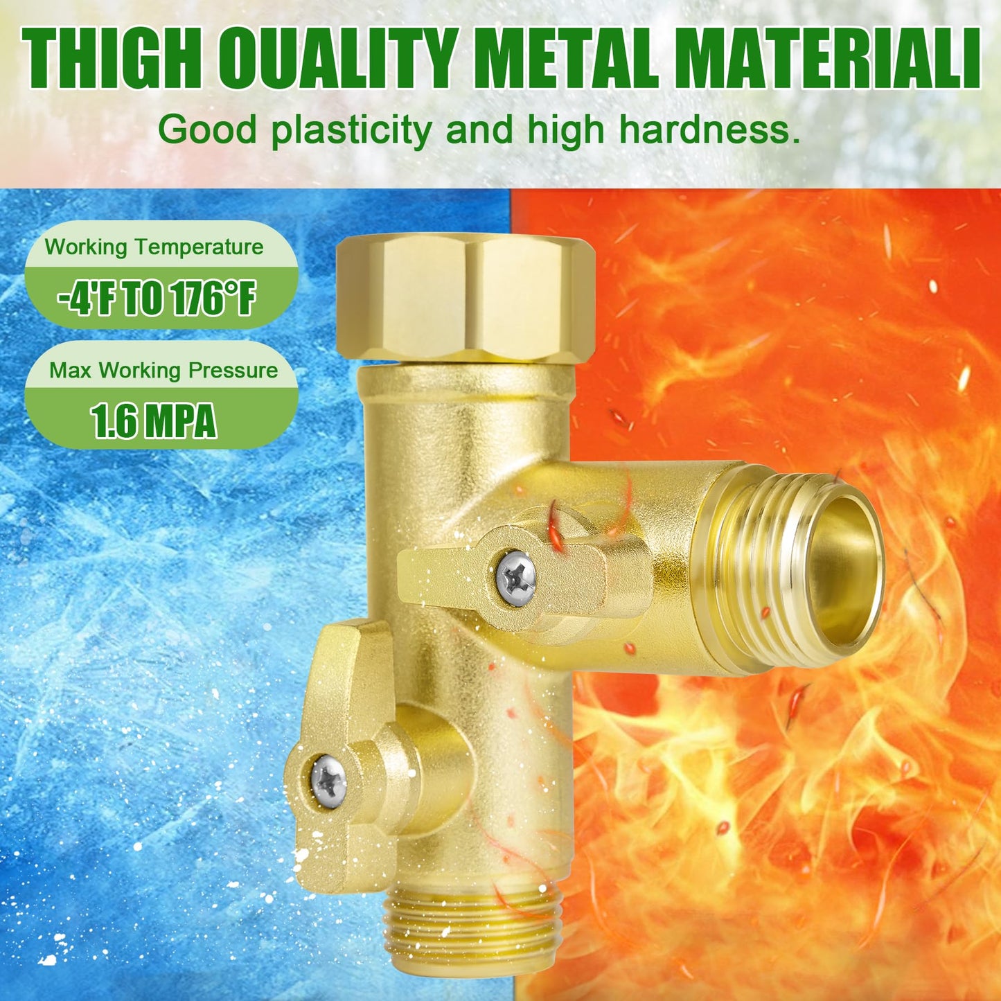 Breezliy Heavy Duty Metal 2 Way Type Garden Hose Splitter,3/4" 1.6MPa High Flow Spigot Faucet Connectors,with Shut-Off Valves, Comfort Grip,with washers&tape