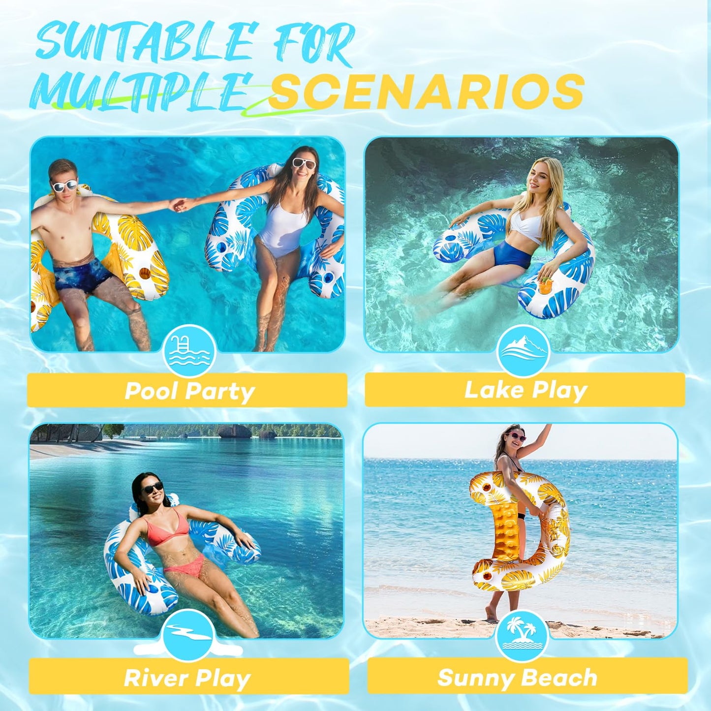 Inflatable Pool Floats Adult with Dual Cup Holders - 2-Pack, Ergonomic Pool Chairs for Floating, Hammock Lounge Pool Float for Party Summer, Water Activity, Lake and Beach, Pool Accessories