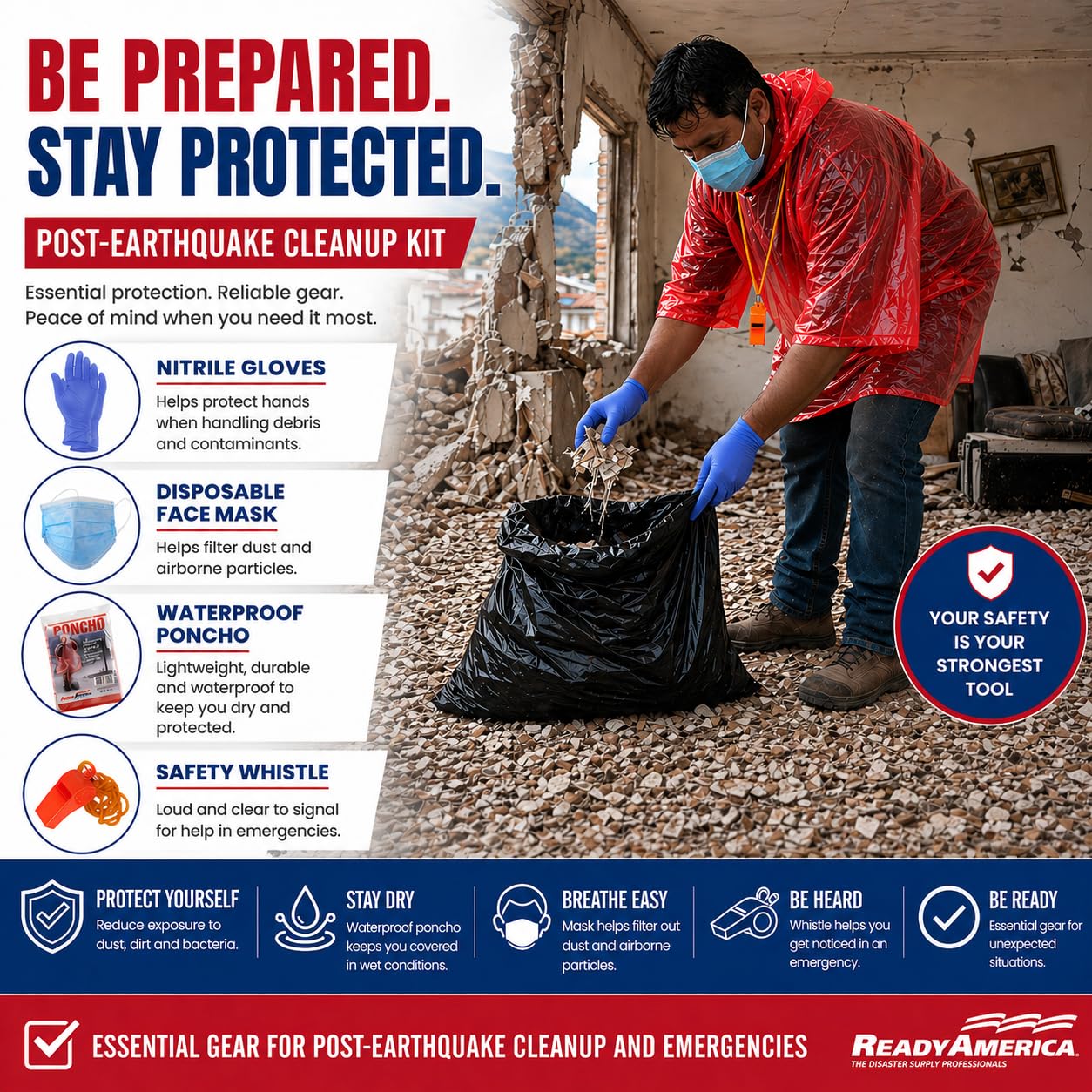Ready America 70380 72 Hour Emergency Kit, 4-Person, 3-Day Backpack, Includes First Aid Kit, Survival Blanket, Emergency Food Portable Disaster Preparedness Go-Bag for Earthquake, Fire, Flood