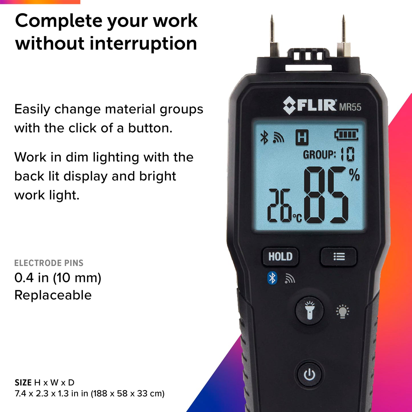 FLIR MR55 - Pin Moisture Meter with Bluetooth for Instant Data Sharing via The FLIR Tools Mobile app.