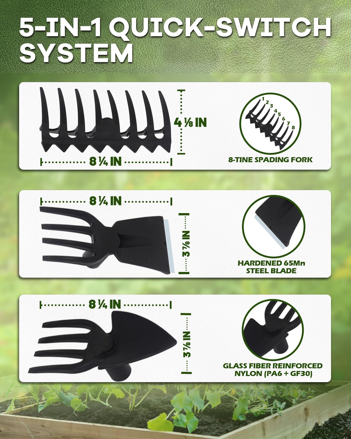 HIPULX 5-in-1 Garden Hoe - Adjustable 37" to 50" Handle, 5 Tool Heads, Heavy-Duty Weeding, Cultivating, and Raking Tool for Gardening, Camping, and Outdoor Use