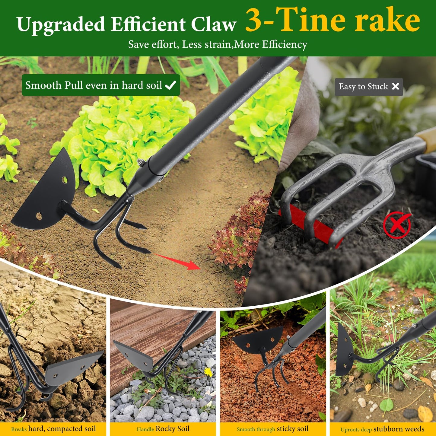 Garden Hoe - Heavy Duty 2 in 1 Hoe Garden Tool with Cultivator Claw Rake,75 Inch Long Handle Hoes for Weeding,Loosening Soil,Hand Weeder Tools for Indoor Outdoor Gardening,Planting,Cultivating,Digging