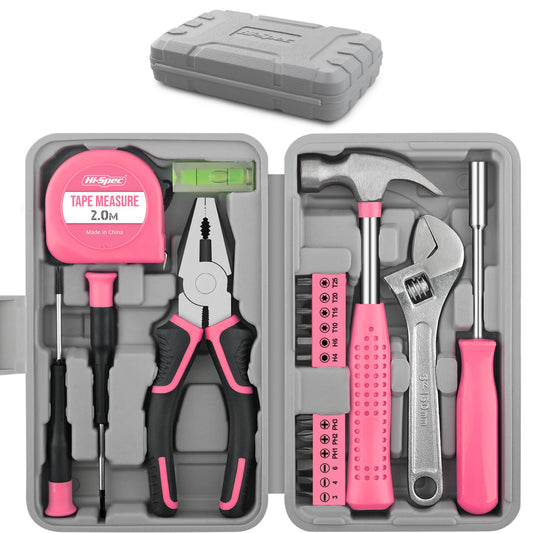 Hi-Spec Pink Tool Set 20-Piece. Ladies’ Starter Basic Hand Tools in a Compact Toolbox Case for Household and Office Repairs and Maintenance.
