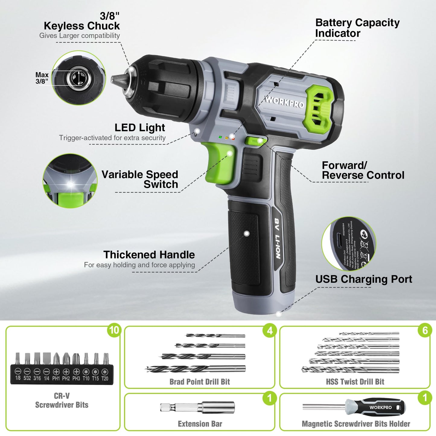 WORKPRO 43PCS Cordless Lithium-ion Drill Driver & Toolbox, 8V 2.0 Ah Power Drill Set with Household Hand Tool Kit, Battery Powered Screwdriver with Stackable Tool Box