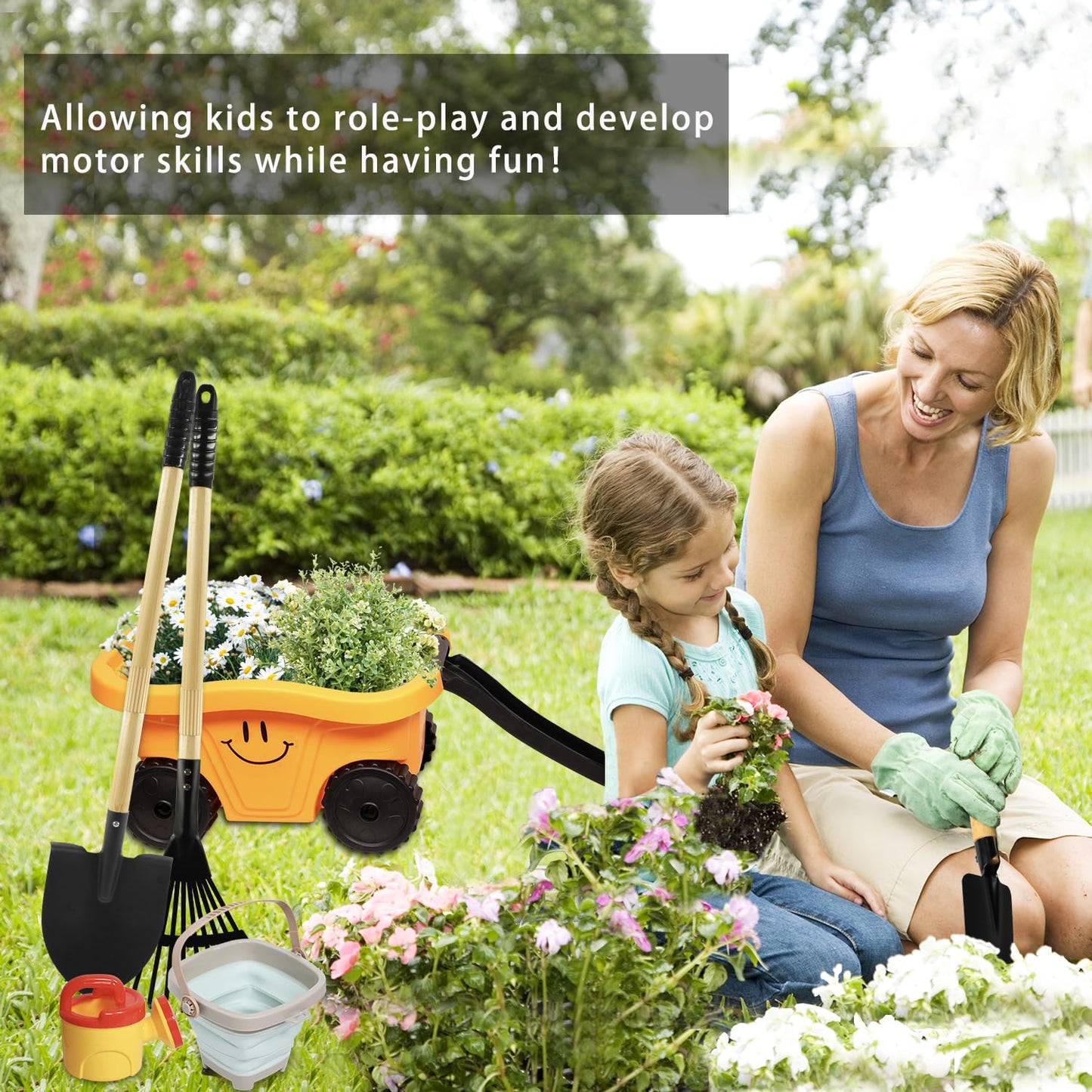 CHEERBANK Toddlers Rake & Shovel Set with Wheelbarrow, Kids Yard Tools for Digging, Gardening, Beach, Sandbox, Lawn, Camping, Summer Outdoor Garden Toys Gifts for Children Age 2-5 Years Old