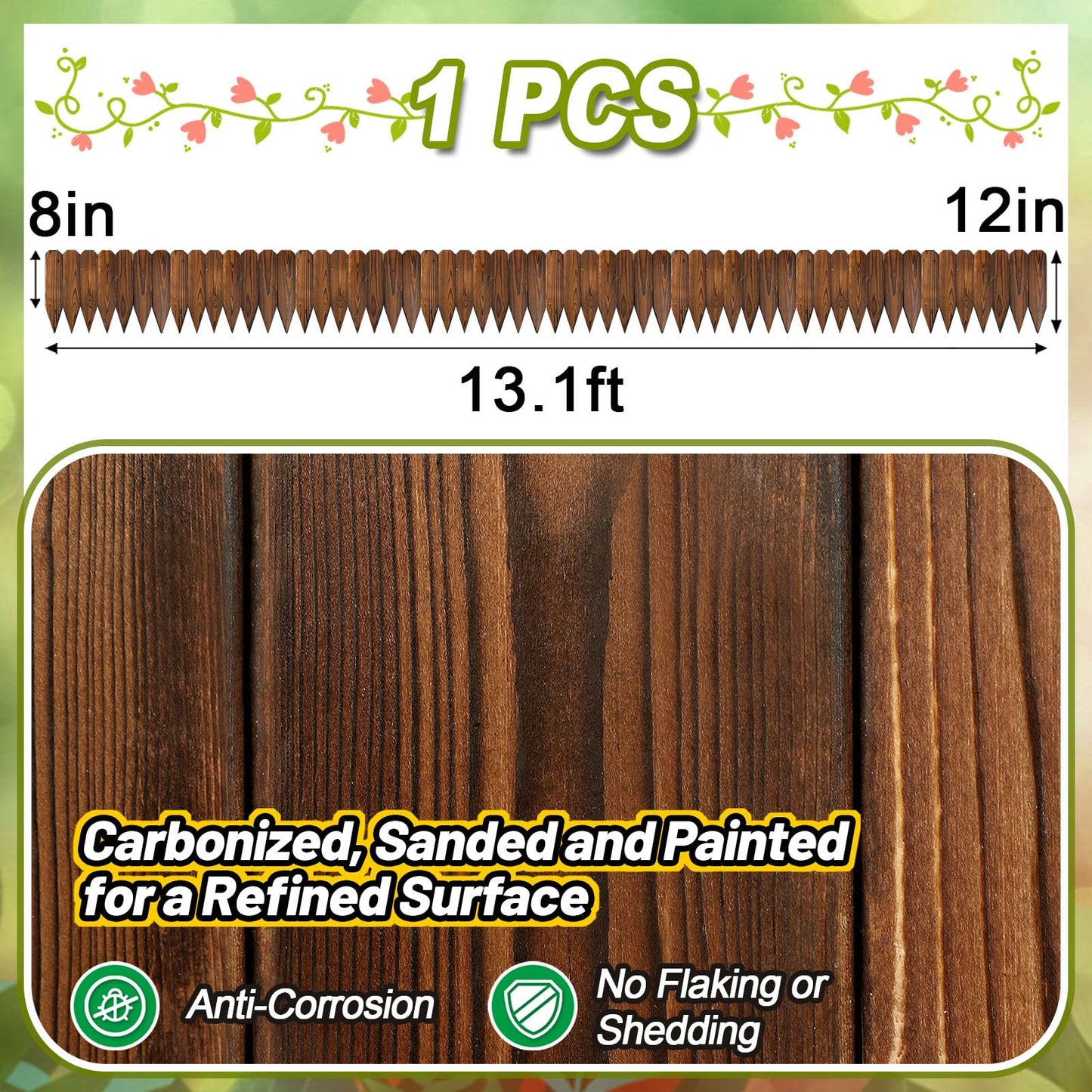 Rustic Pine Wood Garden Fence - 13.1ft L*12in H Easy to Install Sturdy Wooden Landscape Edging Border, No Fading Planter Fencing for Yard Flower Bed Lawns Pathway Tree