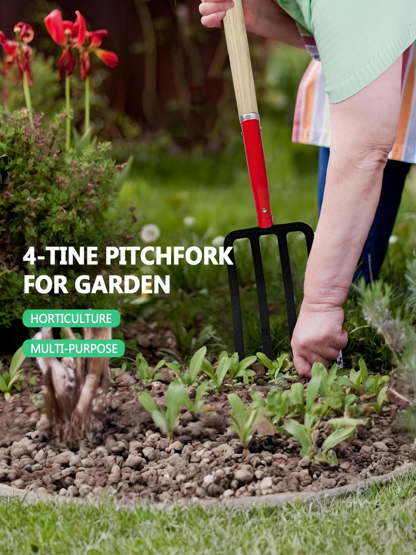 HORIJUNKE Heavy Duty Garden Fork for Digging, 4 Tines Pitch Fork for Gardening Compost, Garden Pitch Fork with Wooden Handle, 45 Inches-Red