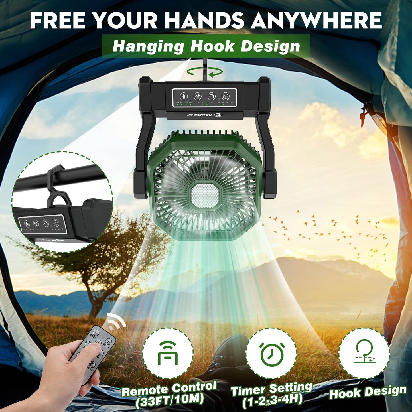 Multper Portable Fan, 20000mAh Camping Fan with LED Lantern & Remote, 4 Speed & 4 Timing Rechargeable Fan for Tent Travel Camping Picnic Beach BBQ