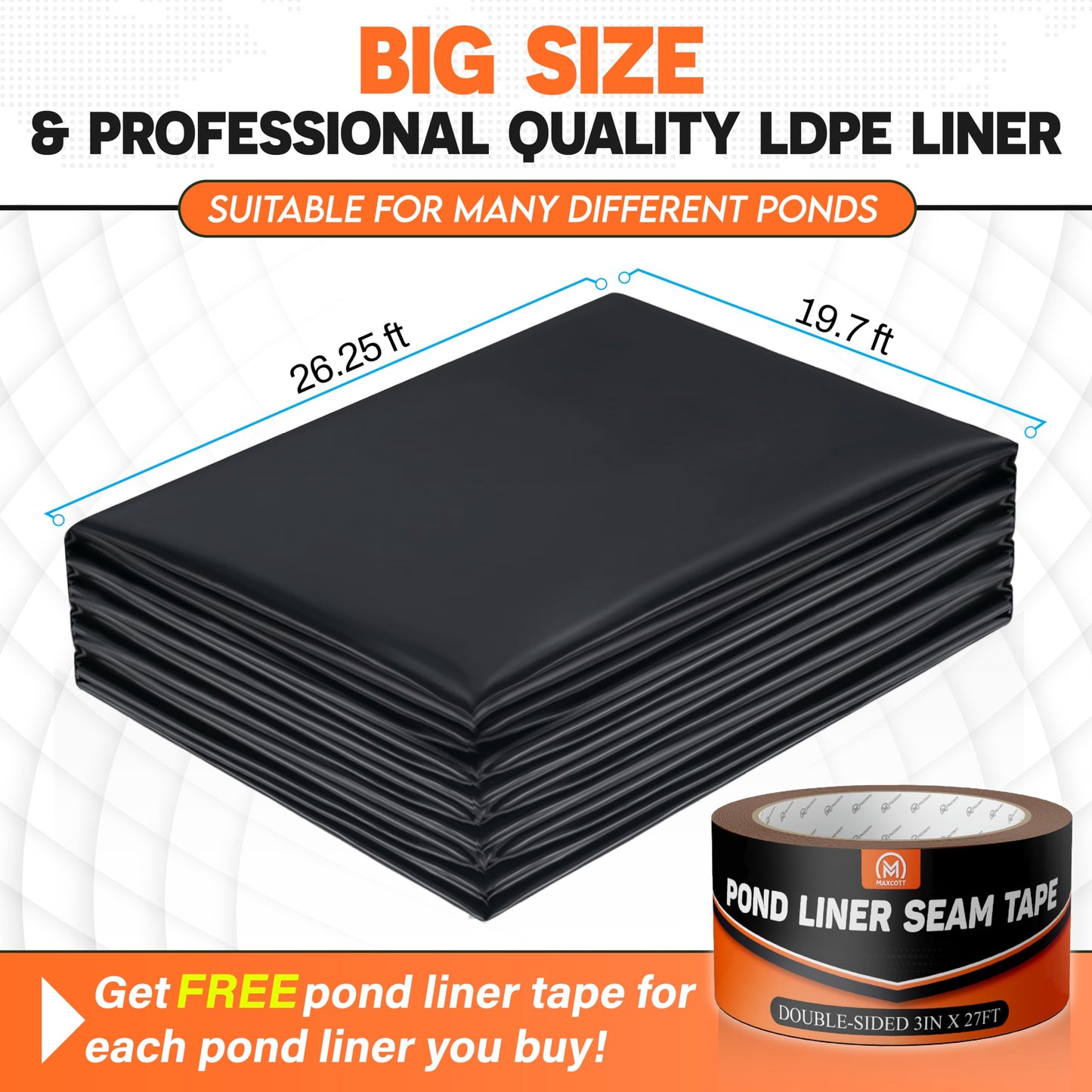 PAMAZY [Premium] 45 Mil LDPE Pond Liner with Seam Tape, 19.7 * 26.2FT Pond Lining for Fish Pond, Performed Garden Ponds, Large Pond Liner for Fishpond, Koi Pond, Waterfall, Streams