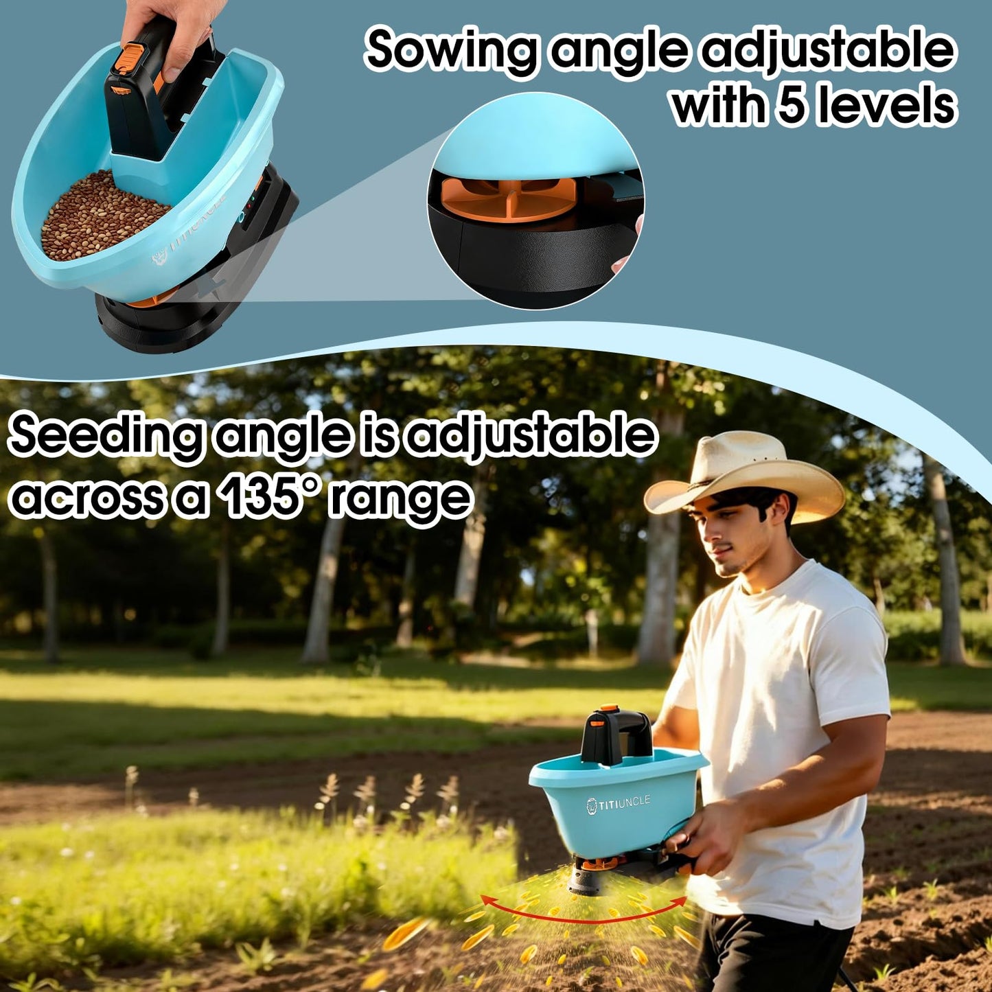 3L Electric Seed Spreader Handheld for Lawns, 7.2V Battery Powered 135° Fertilizer/Grass Seed/Salt/Ice Melt Spreader Cordless Rechargeable, Large Capacity for 6400 Sq.Ft, 7 Settings/5 Angles Adjust