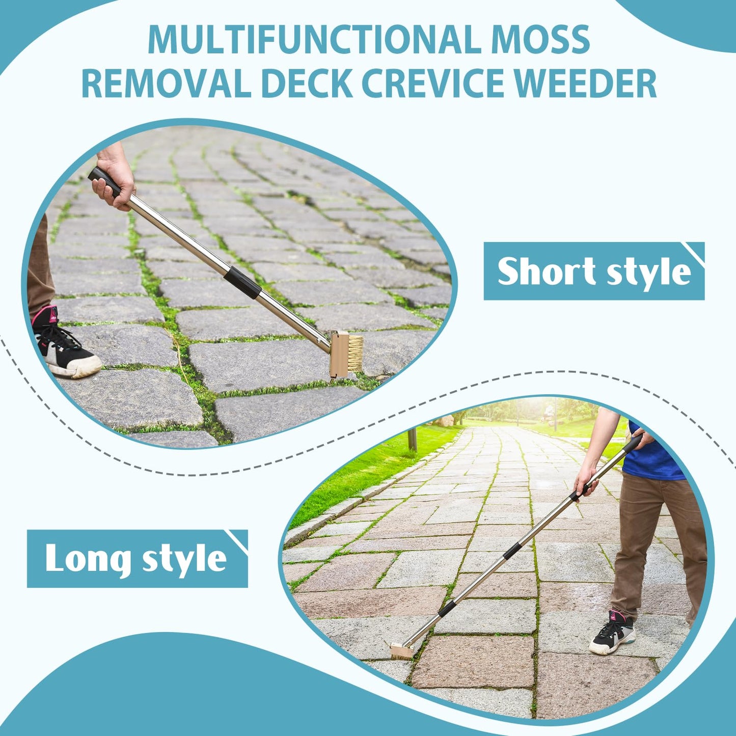 GADFlSH Manual Crevice Weeding Tool, Crack Weeder with 2 Weed Brush Heads, Crevice Weeding Hook with Adjustable Steel Handle for Patios, Decks & Garden Paths