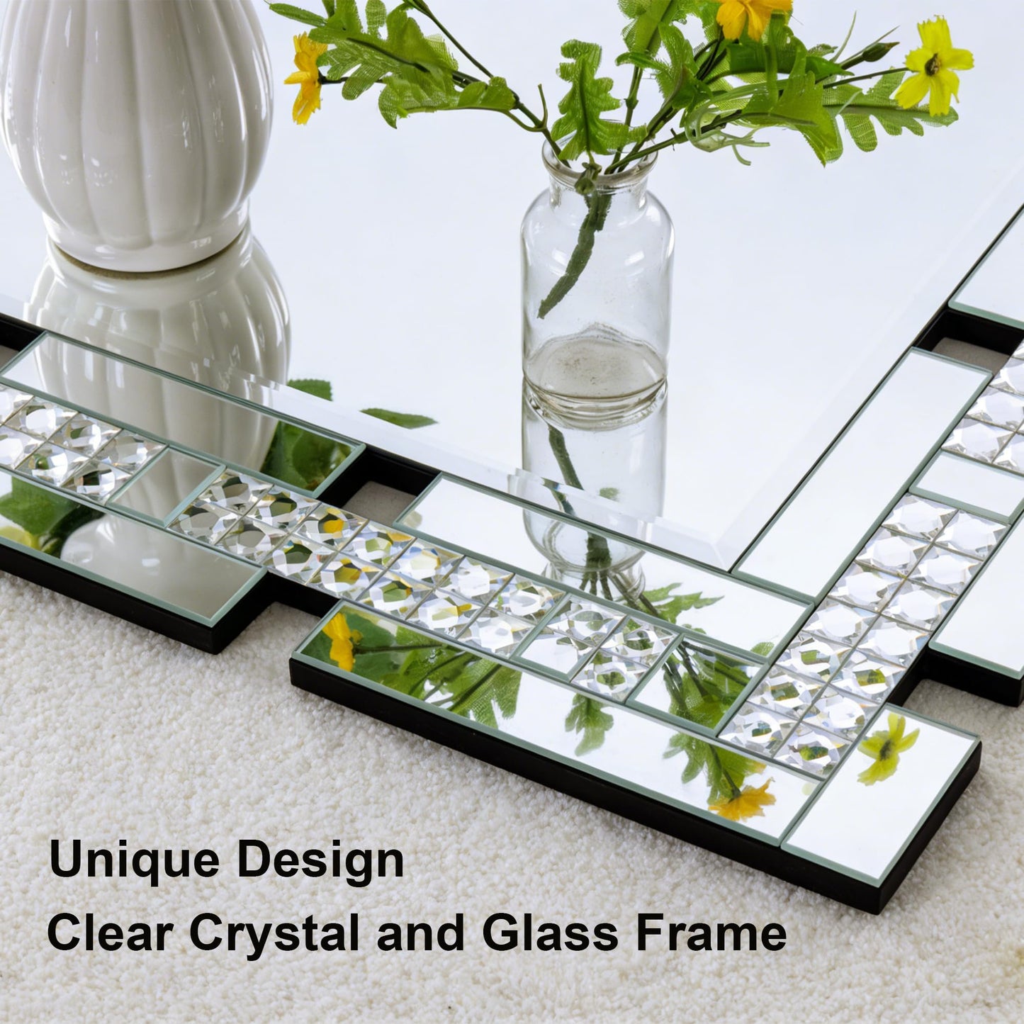 Chende Crystal Large Wall Mirror for Decor, Rectangular Large Living Room Mirror with Beveled Edge and Glass Frame, Entrance, Fireplace, Home Office, Horizontal/Vertical Hanging, 32" x 47"