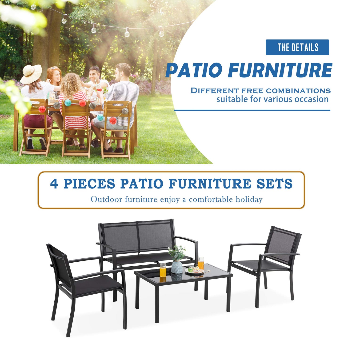 Vongrasig 4 Pieces Patio Furniture Sets,Outdoor Patio Conversation Sets with Glass Coffee Table, Small Porch Balcony Furniture, Patio Table and Chairs Set for Garden, Backyard (Black)