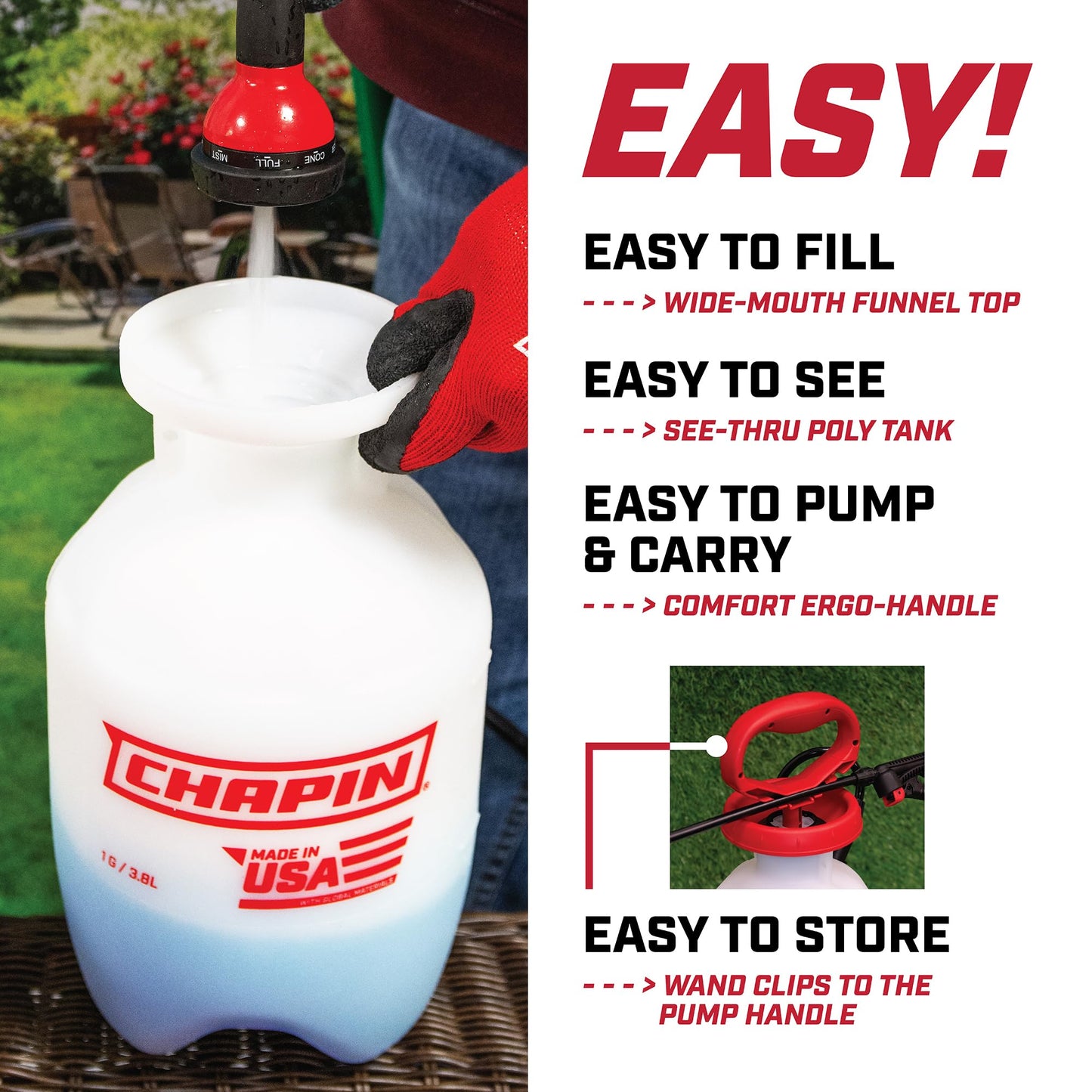Chapin 20084: 1 Gallon Pump Sprayer – Lawn & Garden Sprayer for Weeds, Pesticides & More – 4-in-1 Spray Nozzle, Comfort Handle & Splash Guard – Durable & Lightweight