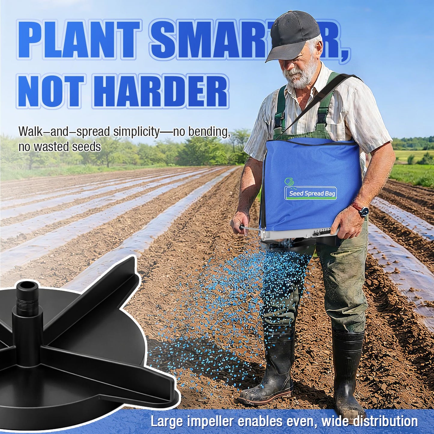 Zipcase 25lb Bag Seed Spreader with Waterproof Bag, Rare Baffle and Accurate Gears, Handheld Grass Seed Spreaders for Lawns, Blue