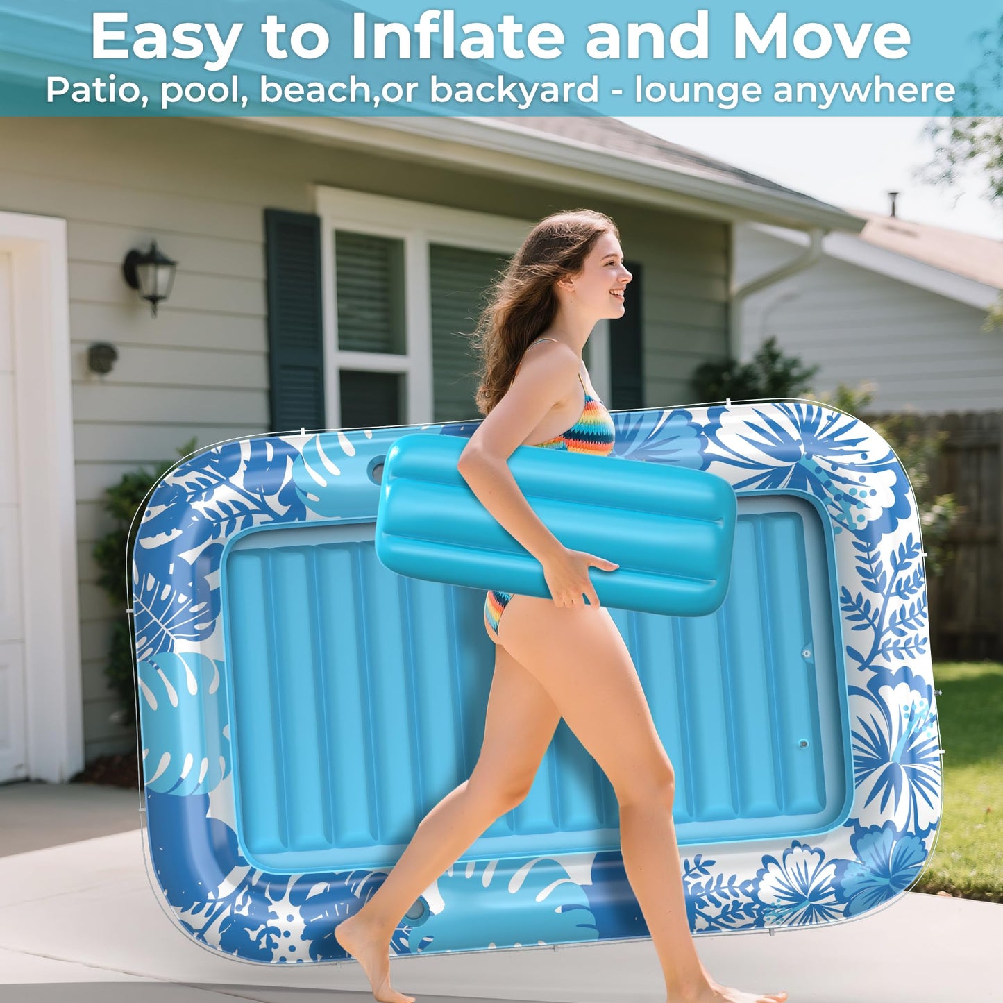 Inflatable Tanning Pool Lounger Float with Protection Tarp, 70" x 46" Pool Floats Adult with Pillow, 6 in 1 Suntan Tub Raft Floatie, Sunbathing Water Bed Lounge Blow Up Kids Ball Pit Party Gifts-Blue
