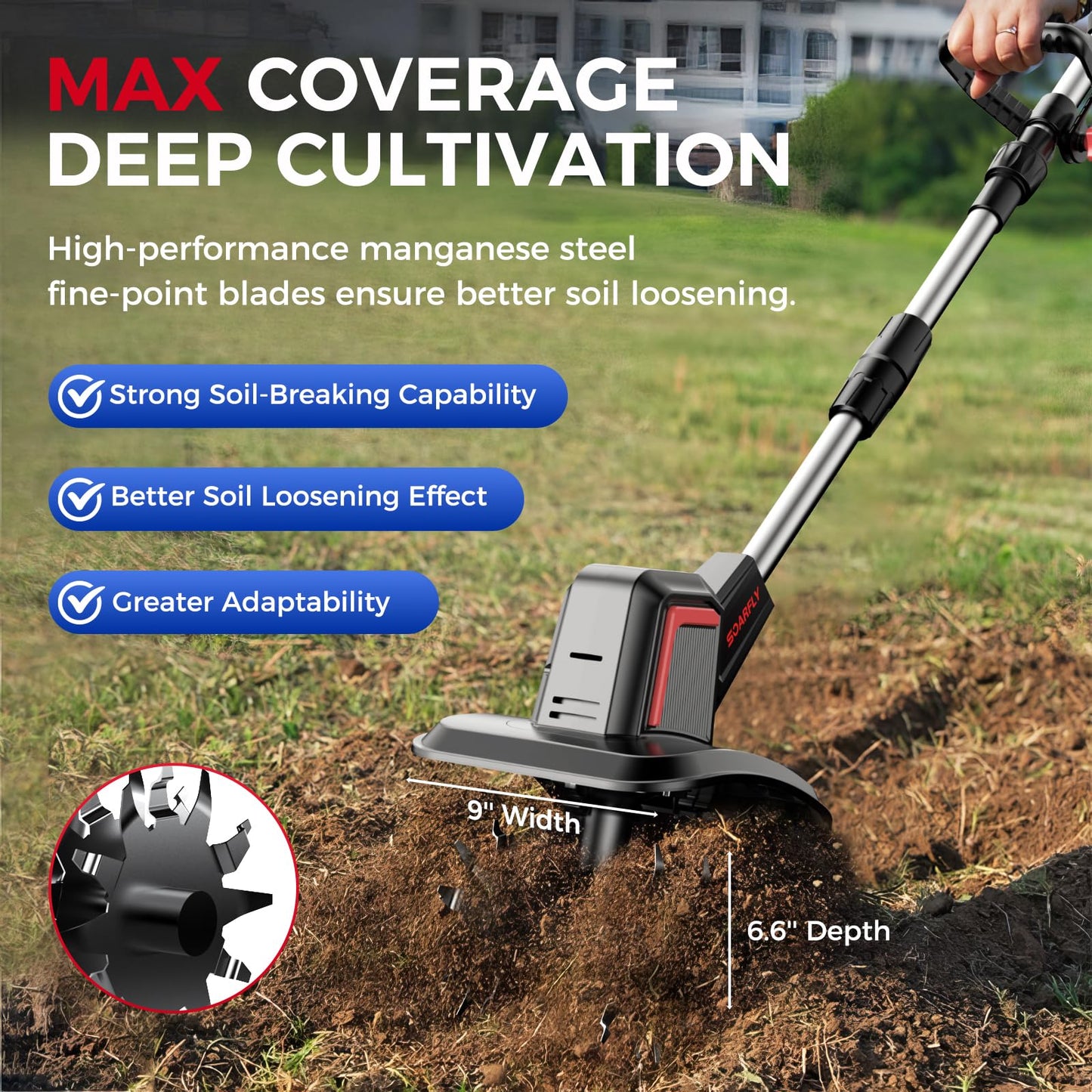 SOARFLY Upgraded Cordless Electric Tiller for Gardening, Total 8.0Ah Battery Powered Mini Cultivator with 2×4.0AH Batteries, 9" Width, 6.6" Depth, 48 Steel Tines Rototiller for Soil Cultivation