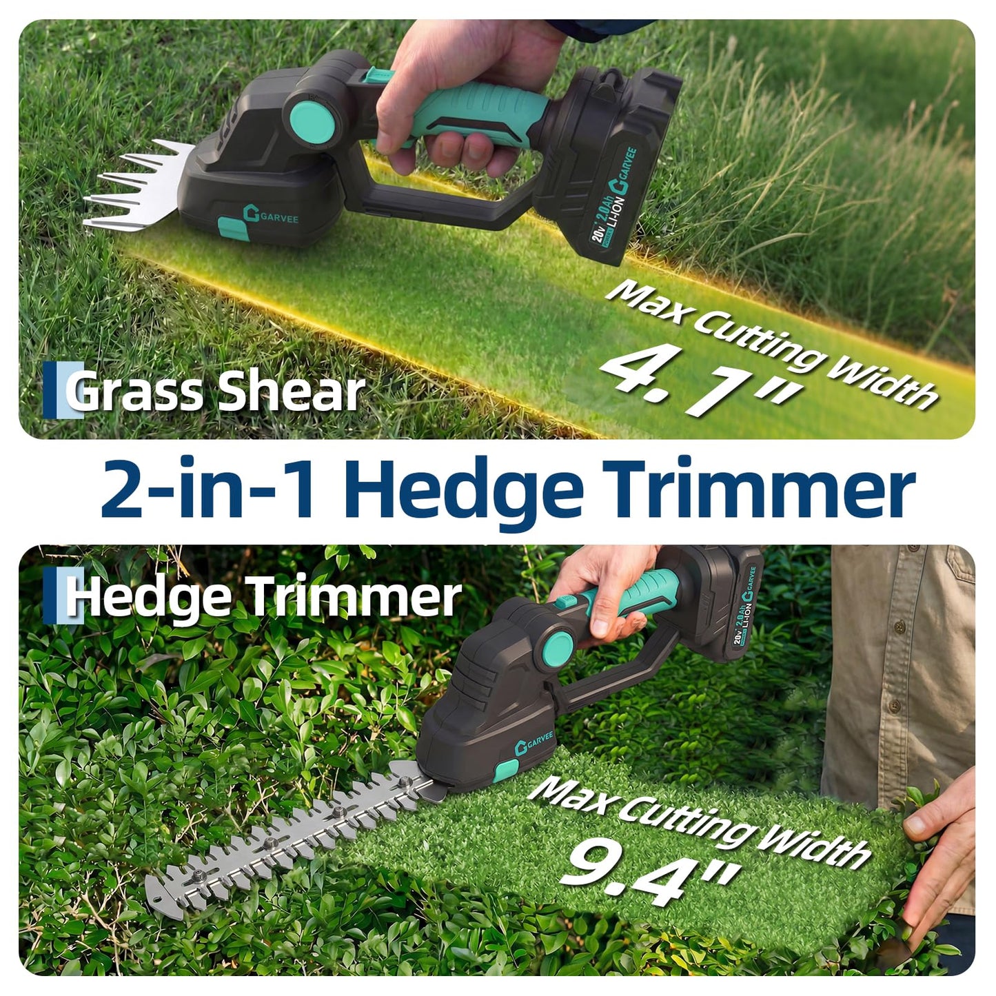 Garvee Cordless Hedge Trimmer with Battery - Grass Shear & Shrubbery Trimmer - 2 in 1 Handheld 20V Electric Grass Trimmer Hedge Shears Grass Cutter with 2 * 2.0Ah Batteries & Charge Base