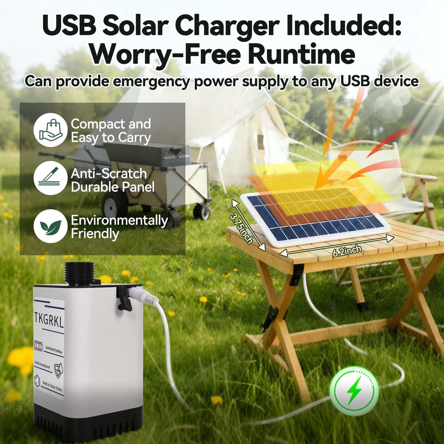 Camping Shower with Heater and 5-Gallon Water Jug, 6000mAh Rechargeable Portable Shower, 1500w Immersion Heater with Auto Shut-Off, Rinse Kit Portable Shower with USB Solar Charging Panel For Camping