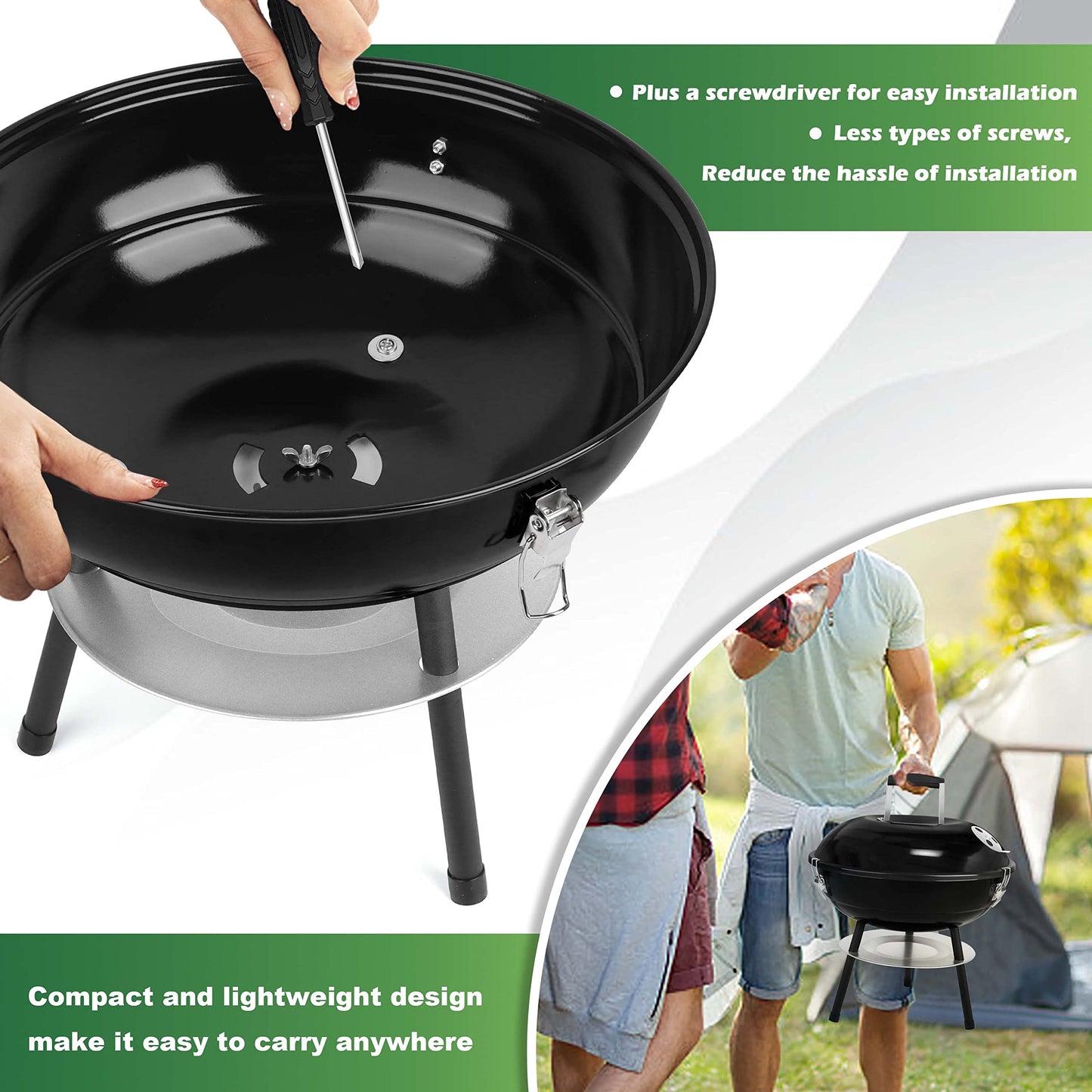14 inch Charcoal Grill, Joyfair Small Portable BBQ Grill with Locking Lid for Outdoor Camping/Patio/Backyard Barbecue/Tabletop Cooking, Enamel Coated & Dual Vent System (Black)