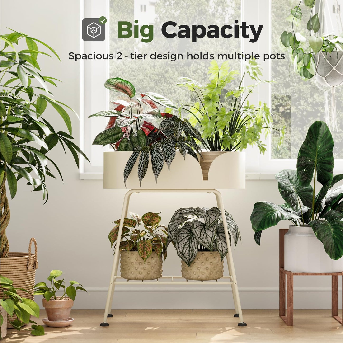 Bamworld Plant Stand Outdoor Large Plant Shelf Indoor for Tall Plants Table Metal 2 Tier Plant Bench Display Stand for Living Room Balcony Patio Decor White