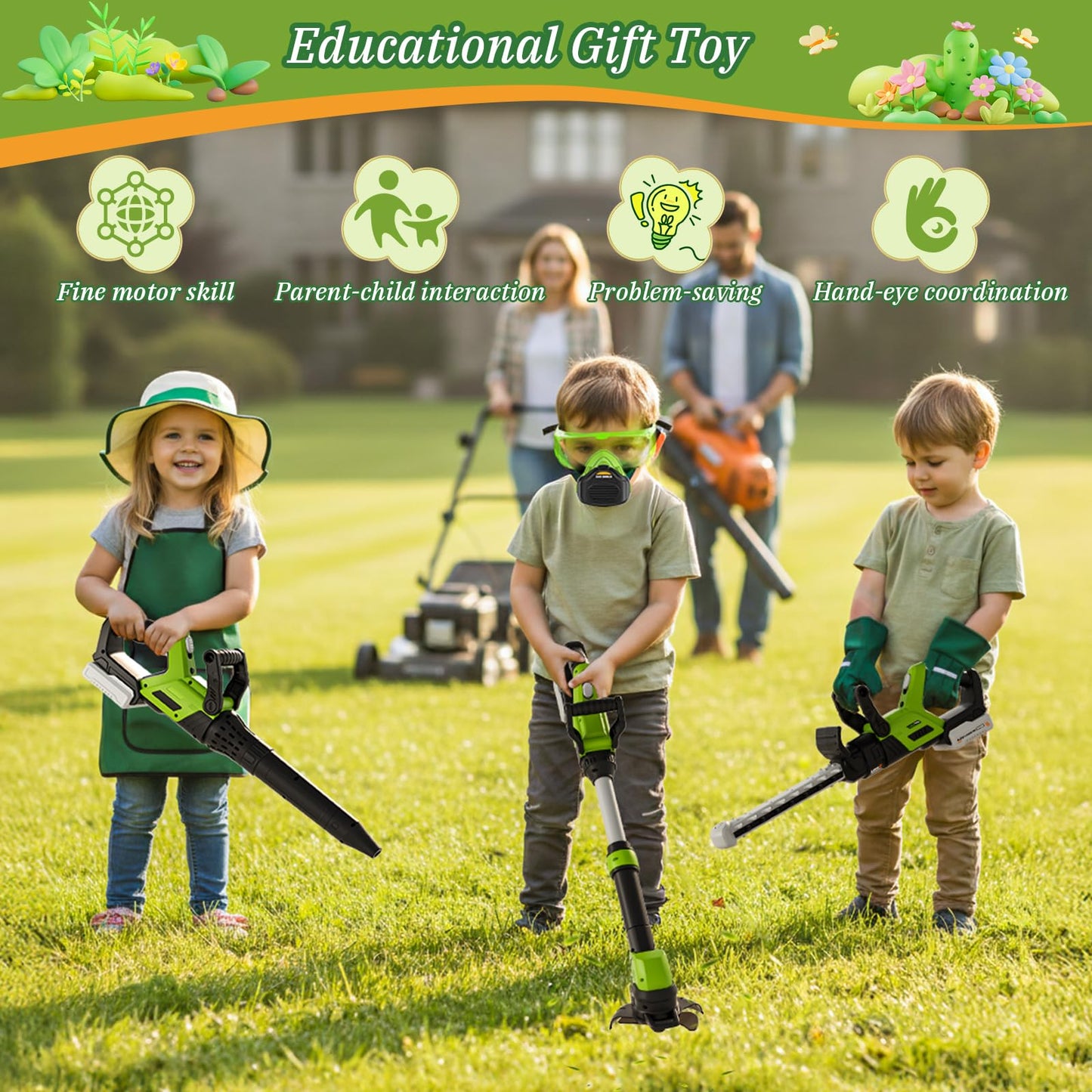 UPGRADED Kids Tool Set, 3-IN-1 Toddler Power Garden Tools with Sounds & Lights, Volume+/-, Toy Weed Wacker, Leaf Blower & Hedge Trimmer, Hat, Gloves, Apron, Toy Tools Christmas Birthday Gifts for Boys