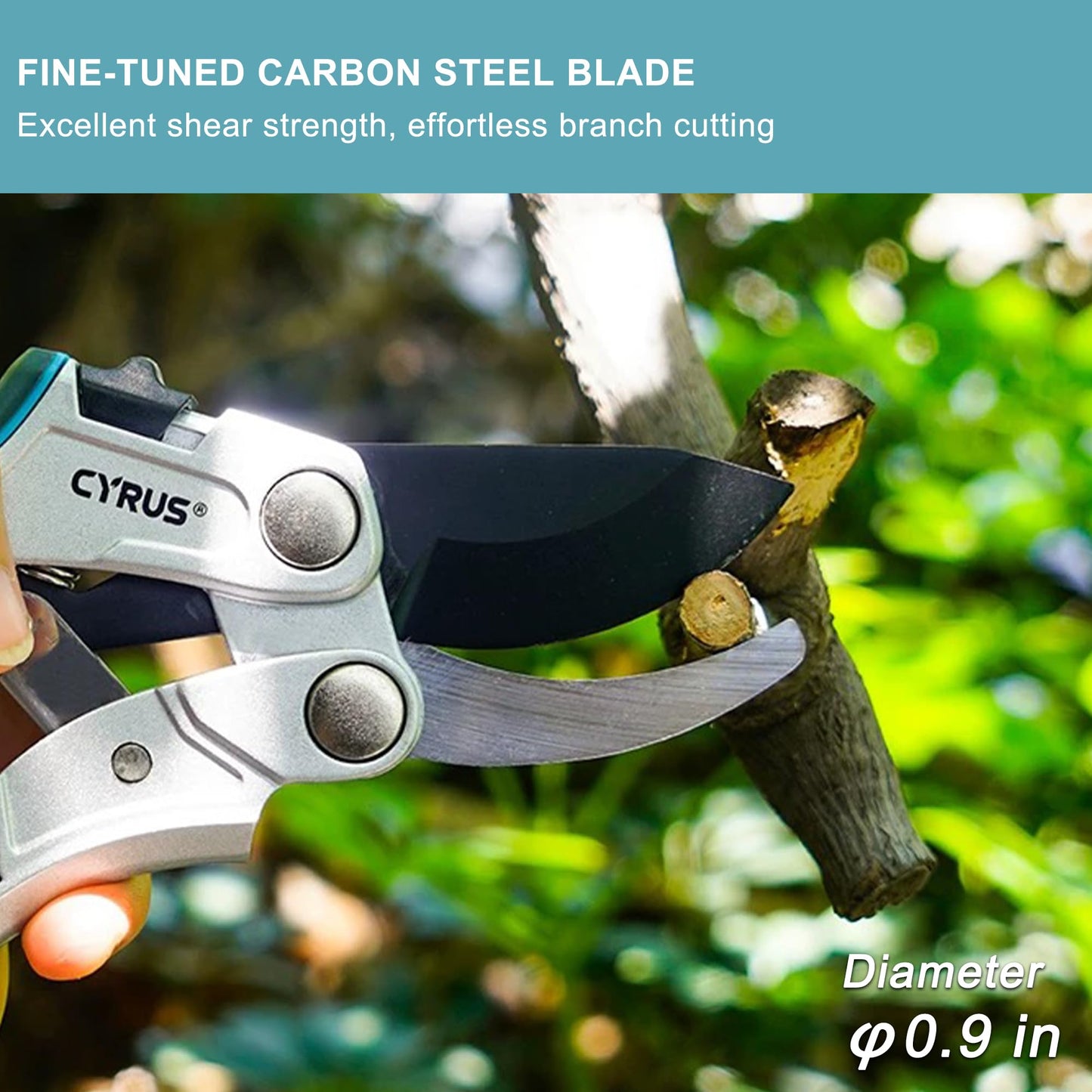 CYRUS Pruning Garden Shears with Ratchet labor-saving Lever, Carbon Steel Non-Stick Blade, Aluminum Handle & Safety Lock, Sharp Flower Scissors for Trimming Branches Up to 0.9 Inch