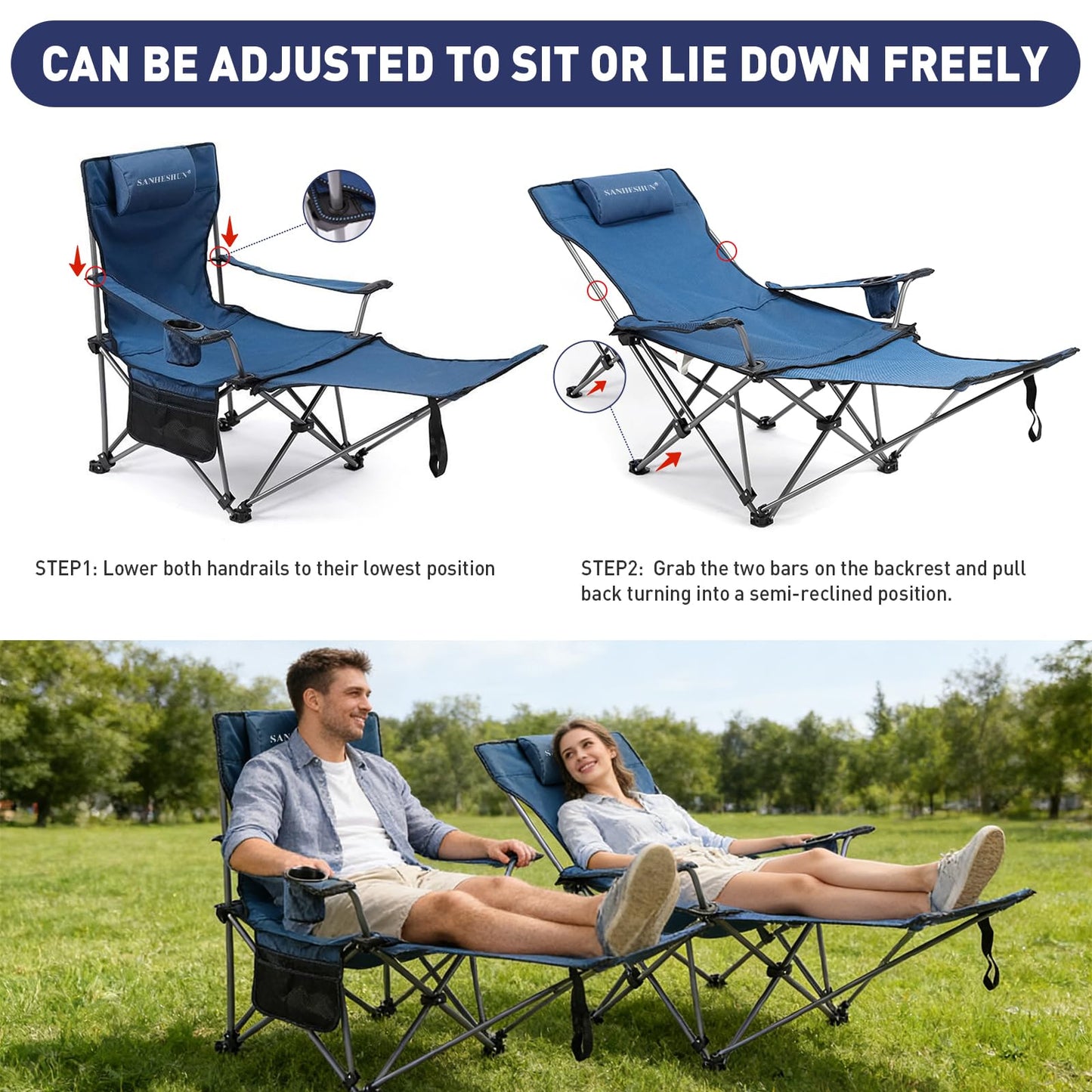 sanheshun Zero Gravity Chair, Reclining Camping Chair with Padded Pillow, Cup Holder, Storage Pocket & Carry Bag, 4-in-1 Portable Camping Recliner for Outdoor, Beach, Garden, and Backyard - Blue Mesh