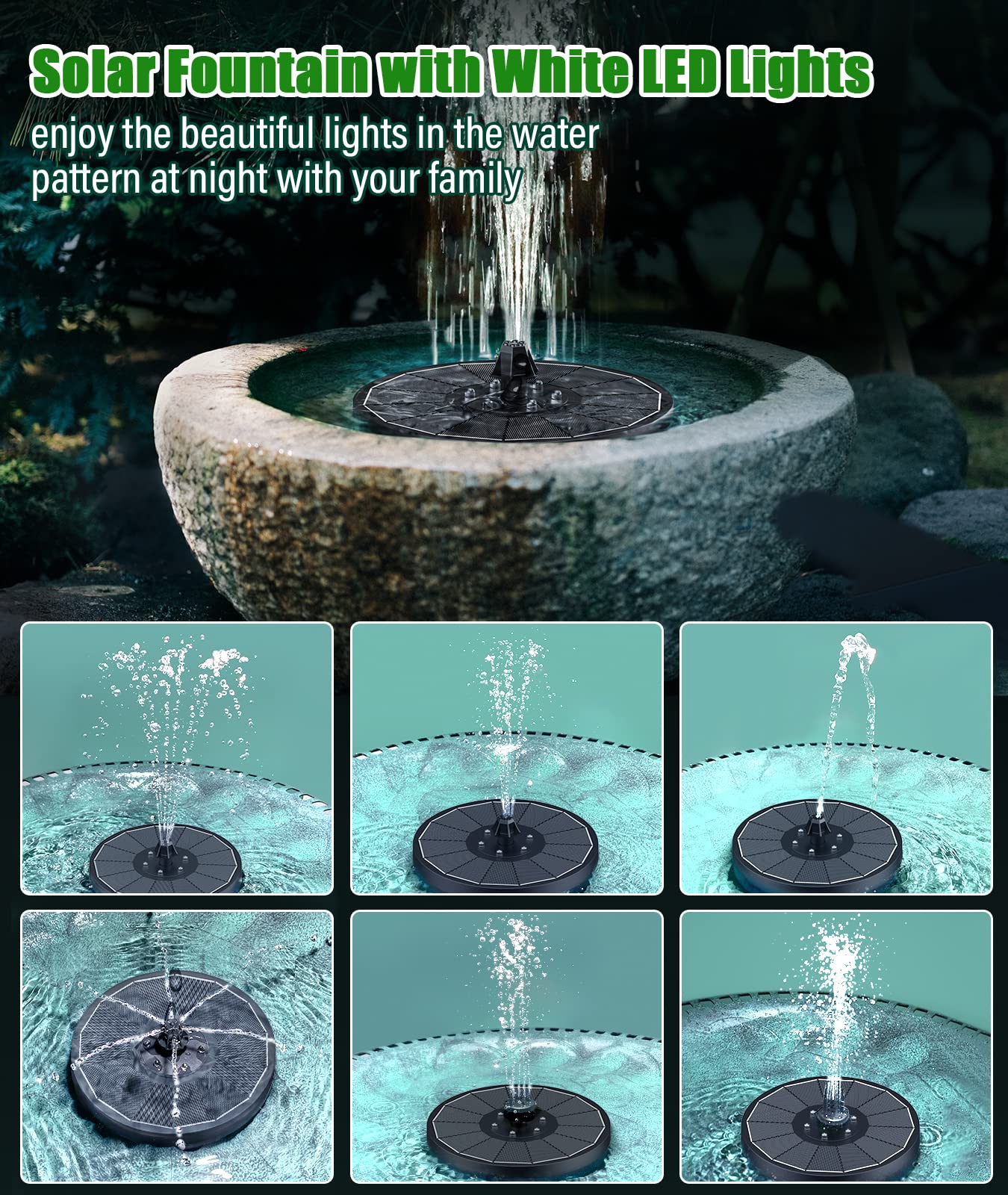 SZMP Solar Water Fountain Upgraded 100% Glass Panel, 3.5W Solar Powered Fountains Built-in 2000 Battery with 7 Nozzle & 4 Fixer, Solar Fountain Pump for Bird Baths, Pond, Outdoor
