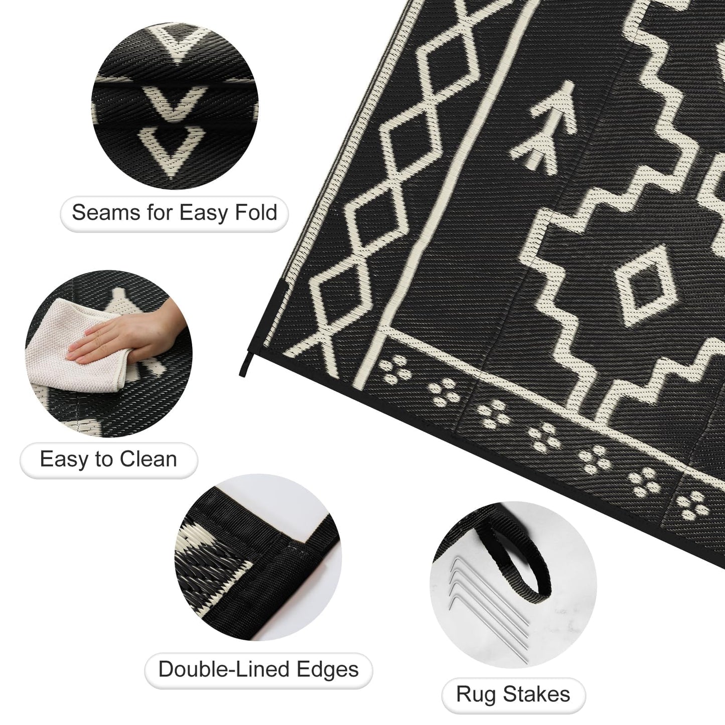 Uphome Outdoor Rugs 8x10 Waterproof, Reversible Black Boho RV Camping Rug, Patio Plastic Straw Outside Rug, Large Foldable Outdoor Mat Carpet for Backyard Deck Pool Balcony Picnic Beach, 8'x10'