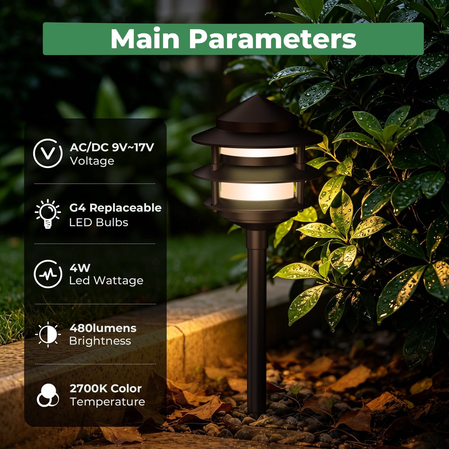 Gardencoin Pagoda Low Voltage Landscape Pathway Lights, 12V Outdoor LED Path Lights Wired, Aluminum Walkway Lighting with 4W 2700K Replaceable G4 Bulb, Bronze Classic 3-Tier Lantern, 6 Pack