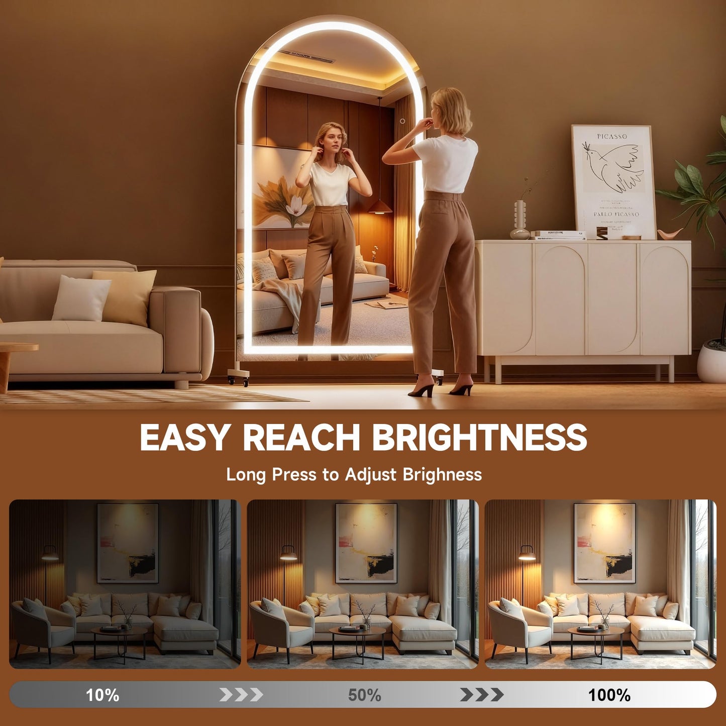 Hasipu 79" x 40" Arched LED Rolling Gym Mirror with Wheels, Dimmable Lighted Body Mirror with 3 Color Temperatures & Adjustable Brightness for Bedroom, Yoga Studio & Home Gym