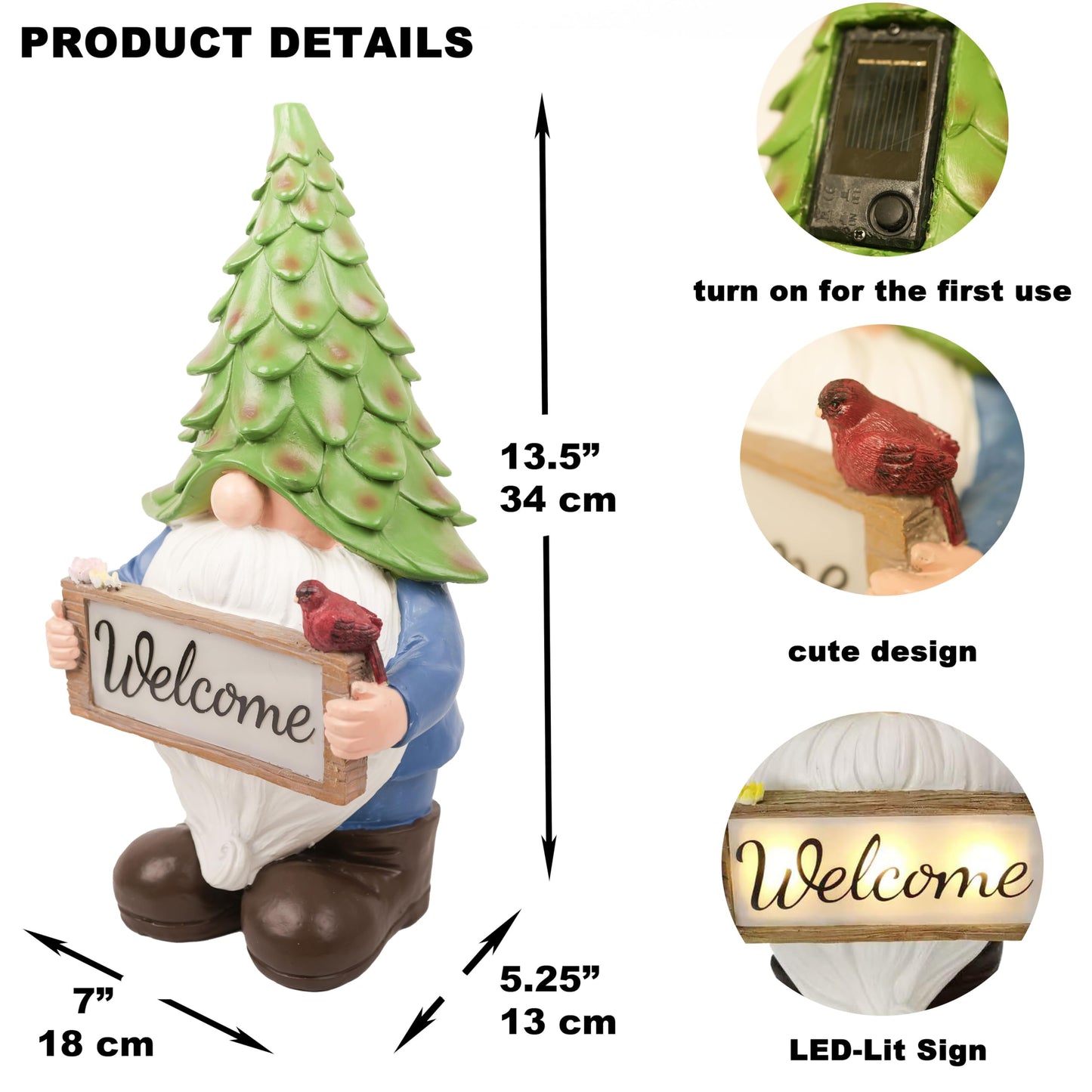 hvfun Large Garden Gnome Statue with Solar Lights, 13.5” Welcome Sign Gnome Outdoor Decor for Yard Lawn Patio, Funny Resin Gnome Sculptures, Gifts for Women Mom Grandma,Garden Decor Ornament