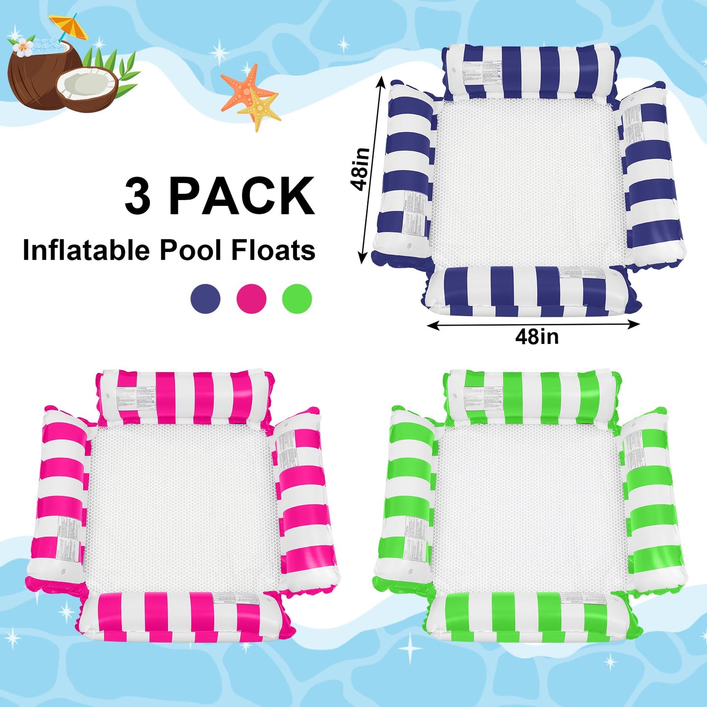 Korlon Tec 3 Pack Inflatable Pool Floats Adult, 4-in-1 Multi-Purpose Pool Float Rafts Water Hammock, Pool Floaties for Adults Swimming Pool Lake Beach