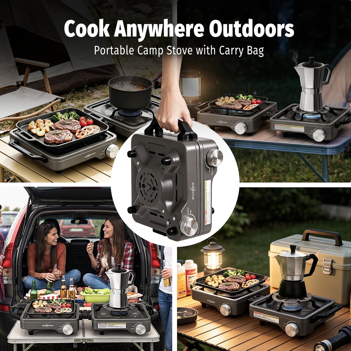 SHINESTAR 2 Burner Camping Stove, 24000 BTU Portable Propane Camp Stove with Brass Burner, Foldable Gas Stove with Windshield & Coffee Stand, Camping Essentials for Outdoor Cooking, or Emergencies