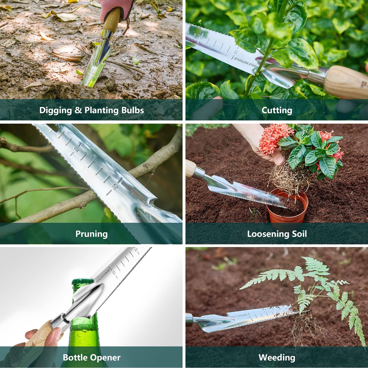 Berry&Bird Gardening Hand Tool Set - 3PCS Stainless Steel Garden Tool Kit Multifunctional Tool with Wooden Handle Trowel, Fork & Weeder for Weeding Planting Transplant, Ideal Garden Gift for Women&Men