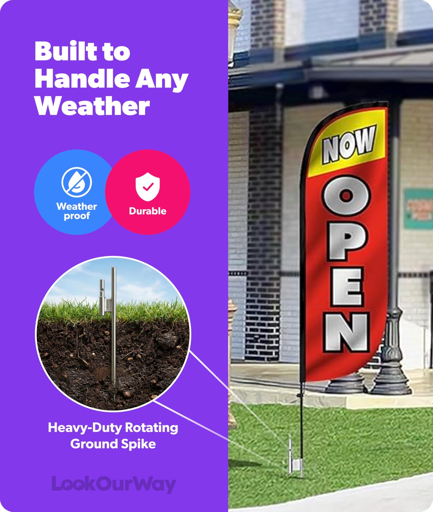 LookOurWay Feather Flag Pole Kit 3-Pack Bundle - 7ft Tall Grand Opening Advertising Banners with Poles and Ground Spikes - Now Open Red & Yellow