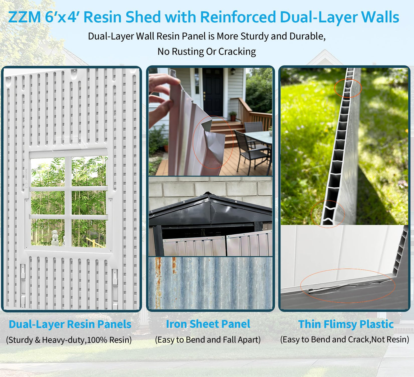 ZZM Outdoor Storage Shed 6x4 Ft, All-Weather Resistant Resin Garden Sheds & Outdoor Storage Clearance with Floor and Windows, Double-layer Plastic Tool Shed for Backyard, Patio & Lawn (Gray,Flat Roof)