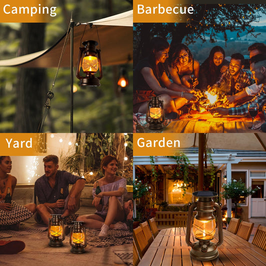 2 Pack Solar Hanging Lantern Outdoor, Solar Powered, Auto On/Off Waterproof LED Flame Umbrella Vintage Lights for Garden, Patio, Yard, Flickering Flameless Candle Mission Lights for Table, Party