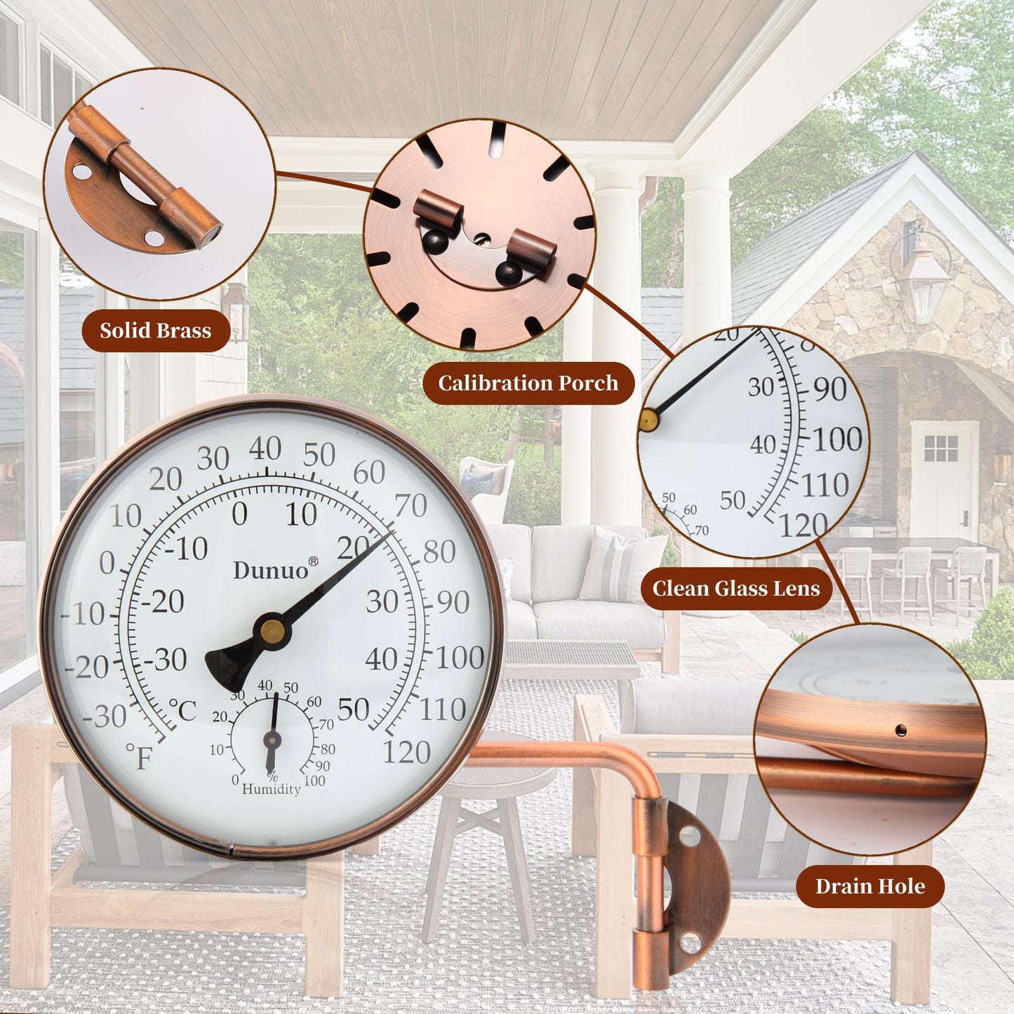 Dunuo 4" Brass Outdoor Thermometer with Humidity, Analog Wall Mount Temperature Gauge, Decorative for Patio, Garage, House, Greenhouse, Window, Antique Bronze, No Battery