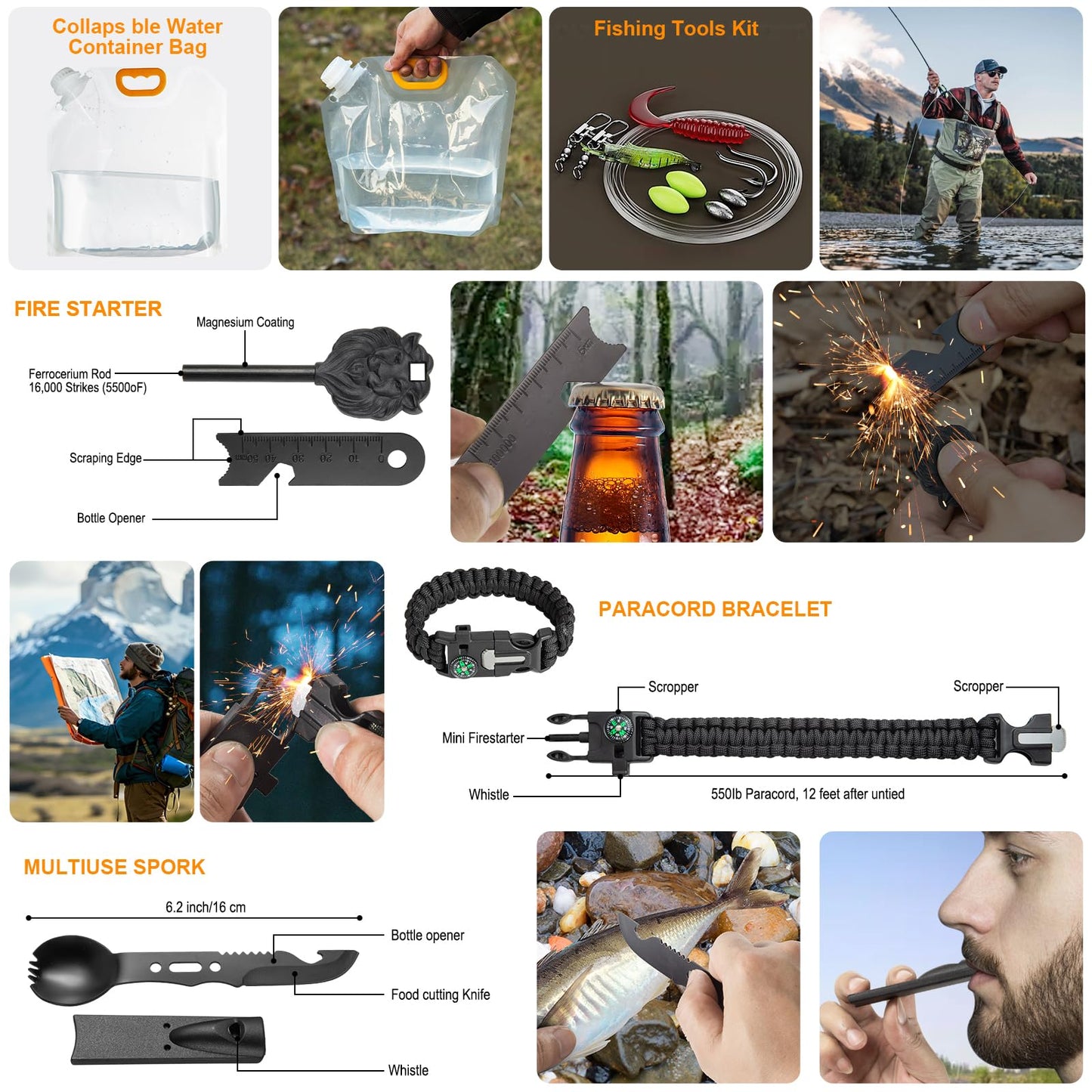 Survival Kit,360 Pcs Bug Out Bag with First Aid Kit.Camping Axe, Survival Shovel,Tools Ideal for Camping, Hiking