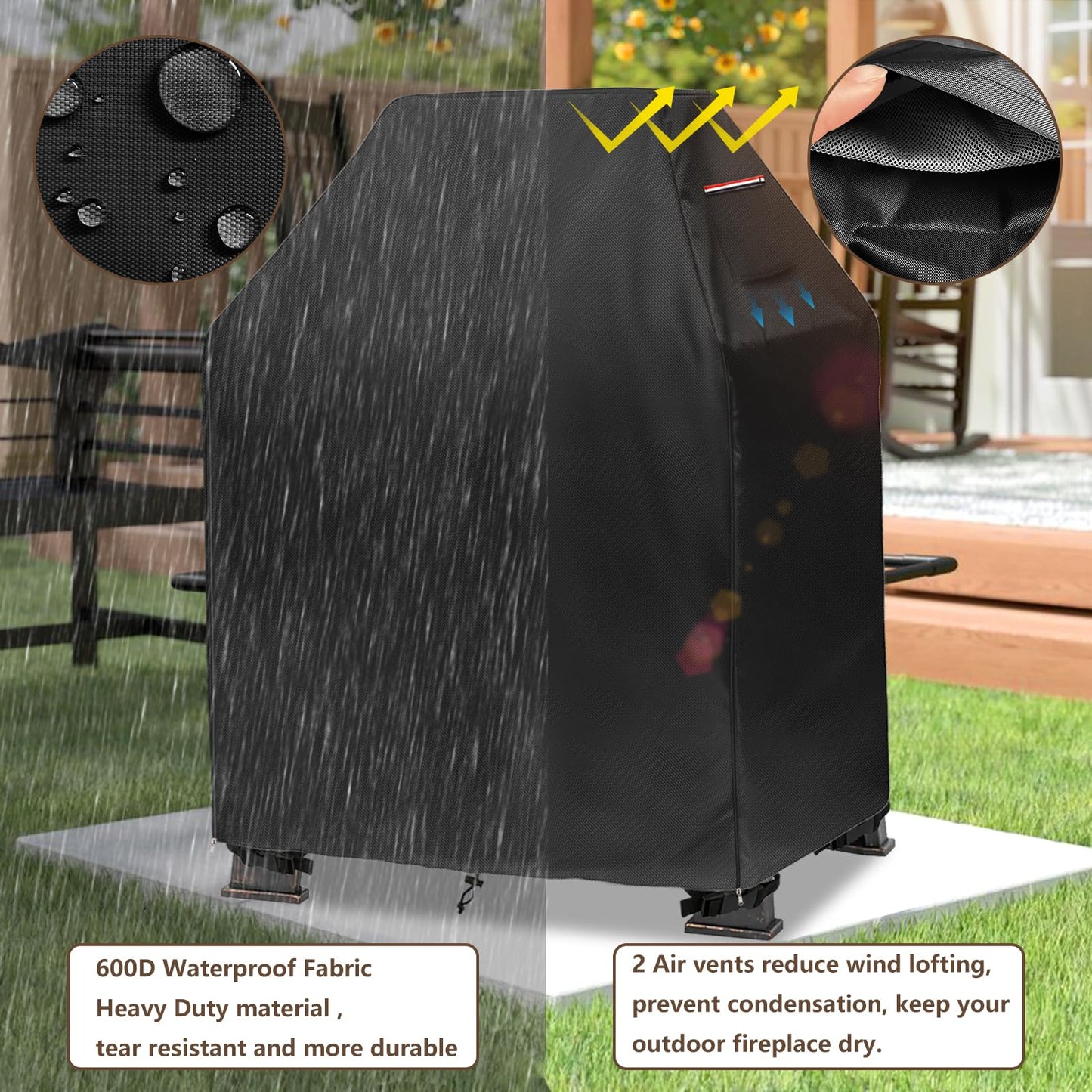 Outdoor Fireplace Cover,Heavy Duty 600D Waterproof Square Chimineas Fireplace Covers,Cover for Panovue Chiminea Fire Pit,32" L x 24" W x 45" H,Black