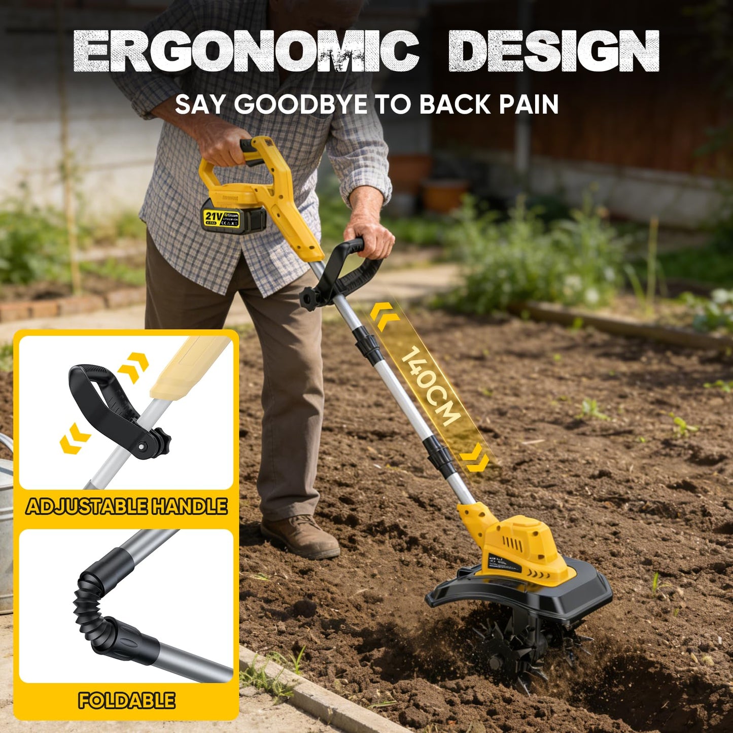 Cordless Tiller Cultivator, 400RPM Electric Rototiller with 2×4.0Ah Battery & Charger, 9" Width 8.3" Depth, Adjustable Foldable Garden Tiller with LED Power Display for Gardening/Soil Cultivation