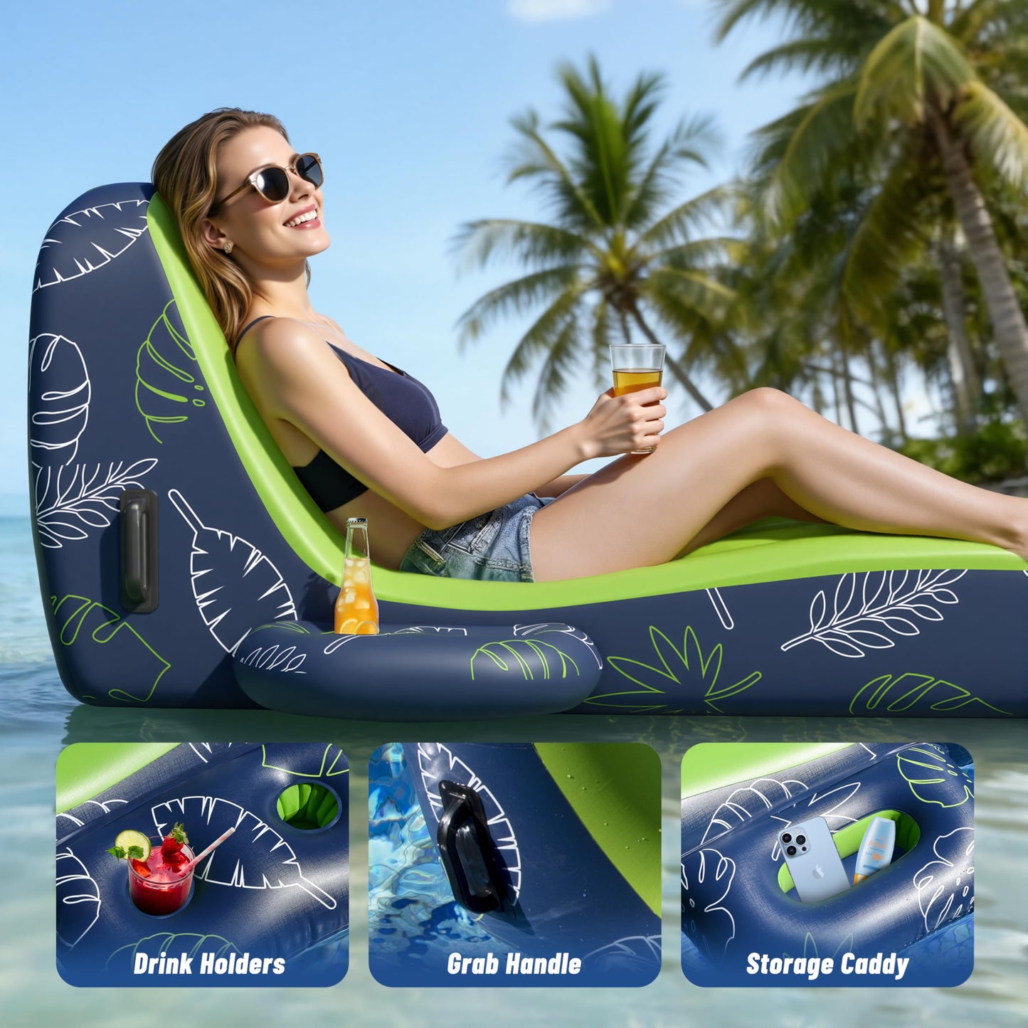 JOSEN Pool Floats Adult Heavy Duty, Inflatable Pool Lounger Float with Cup Holder and Caddy, Extra Large Pool Rafts for Adults, Tanning Pool Float Water Floaties Beach Lake Sunbathing