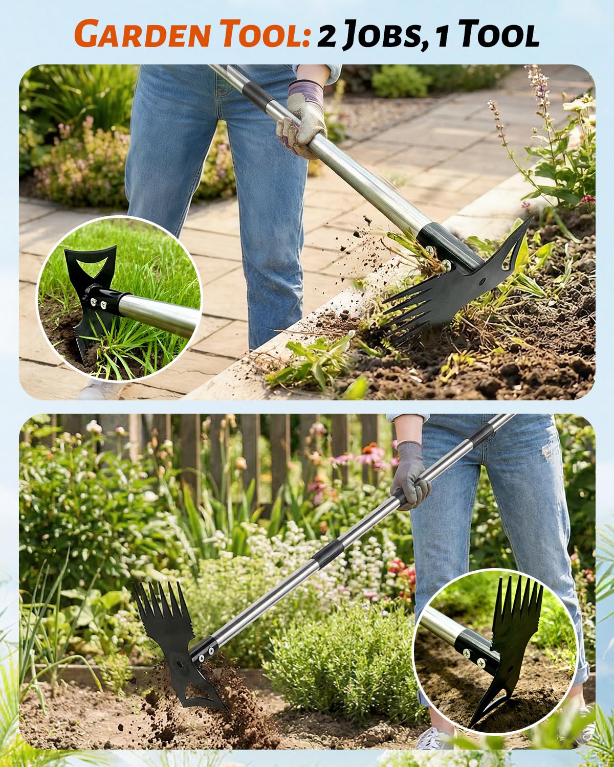 HAWAJOK Weed Puller Tool with 70" Long Handle, Heavy Duty 2-in-1 Weeder & Garden Hoe, Uprooting Tool for Lawn, Yard, Patio & Garden, Hand Weed Rake for Efficient Gardening (70 inch)