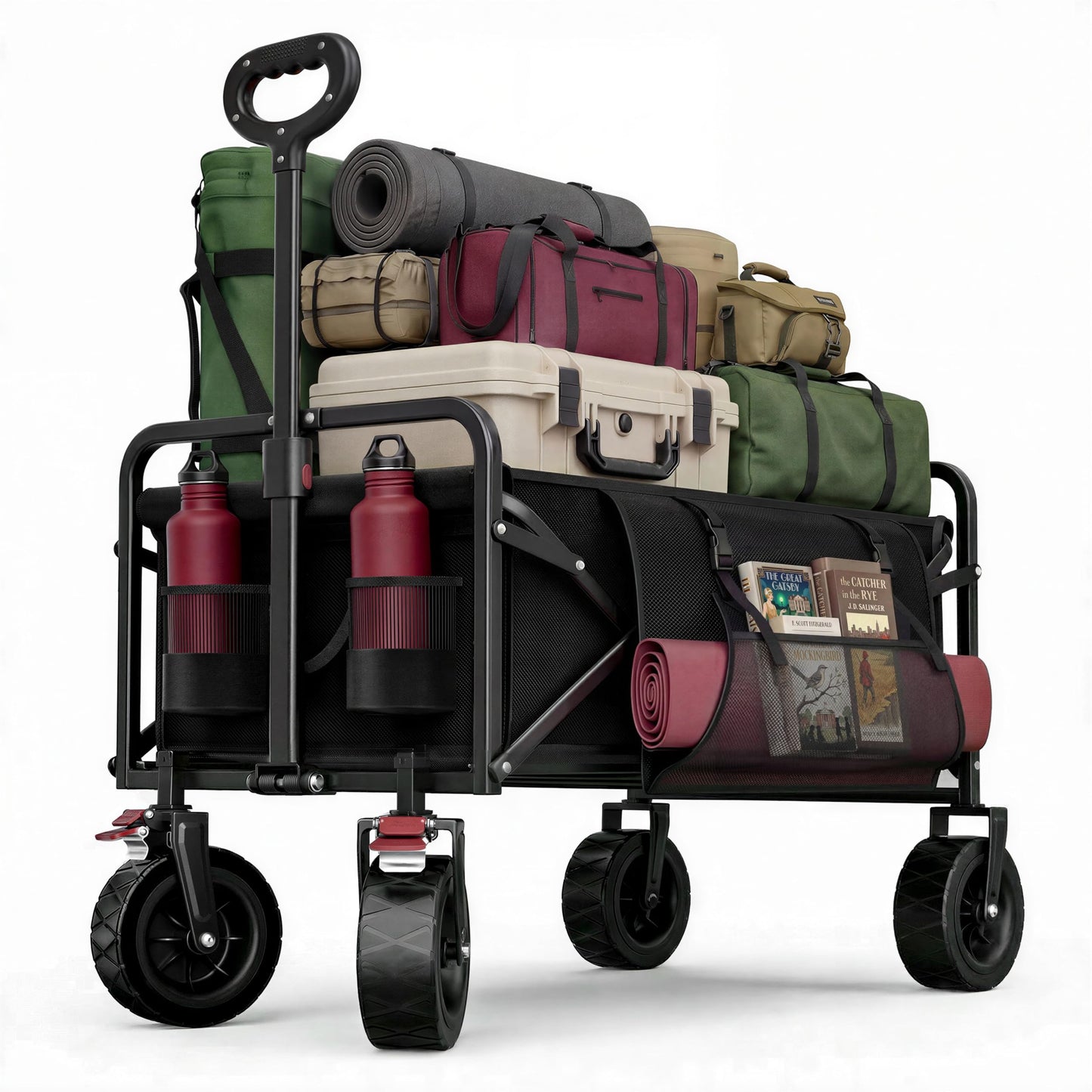 200L Collapsible Wagon Carts Foldable, Heavy Duty Beach Wagon with 7.48" All-Terrain Wheels, Portable Folding Utility Carts with Side Pocket for Beach, Camping, Groceries, Garden & Sports